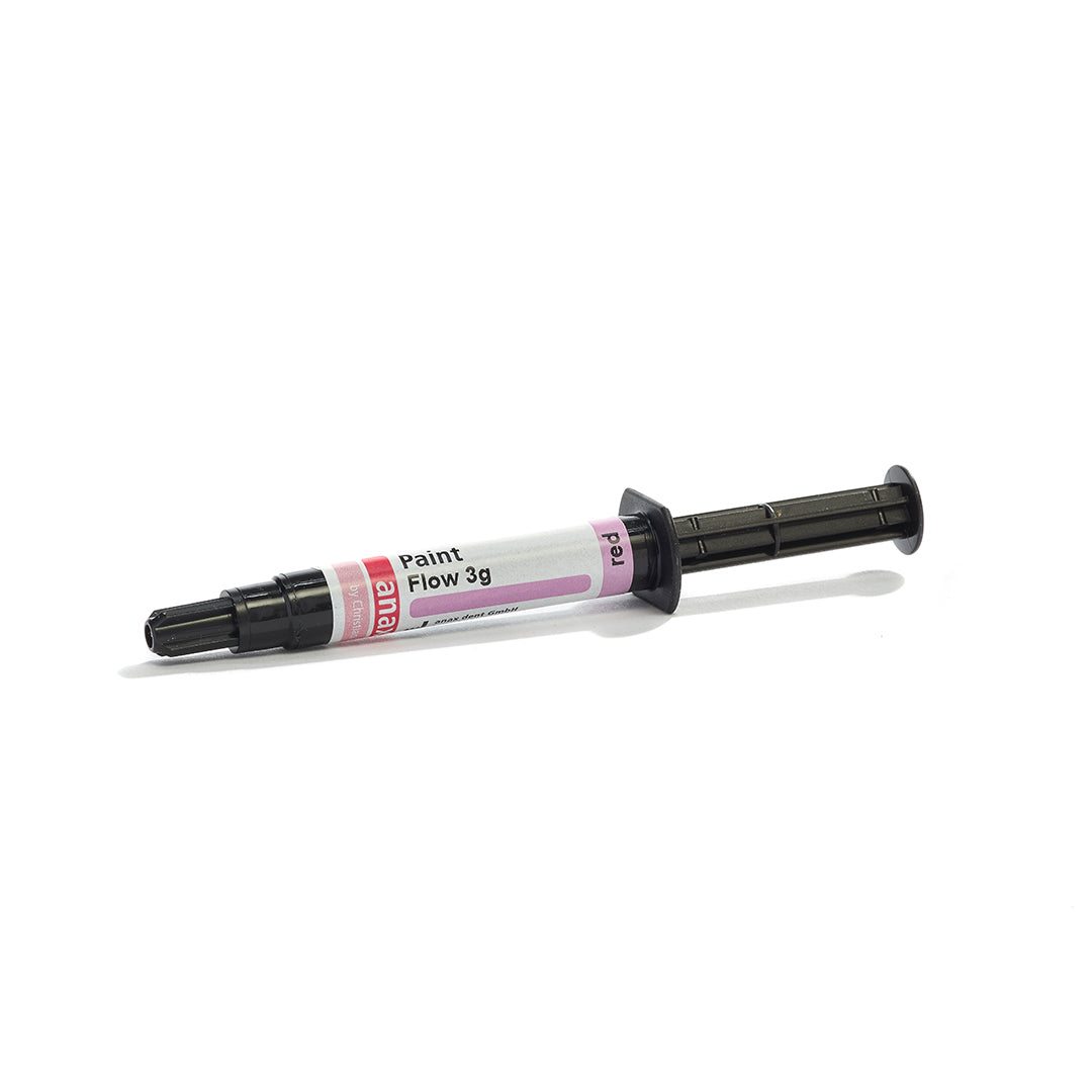 A syringe of anaxgum paint flow on a white background.