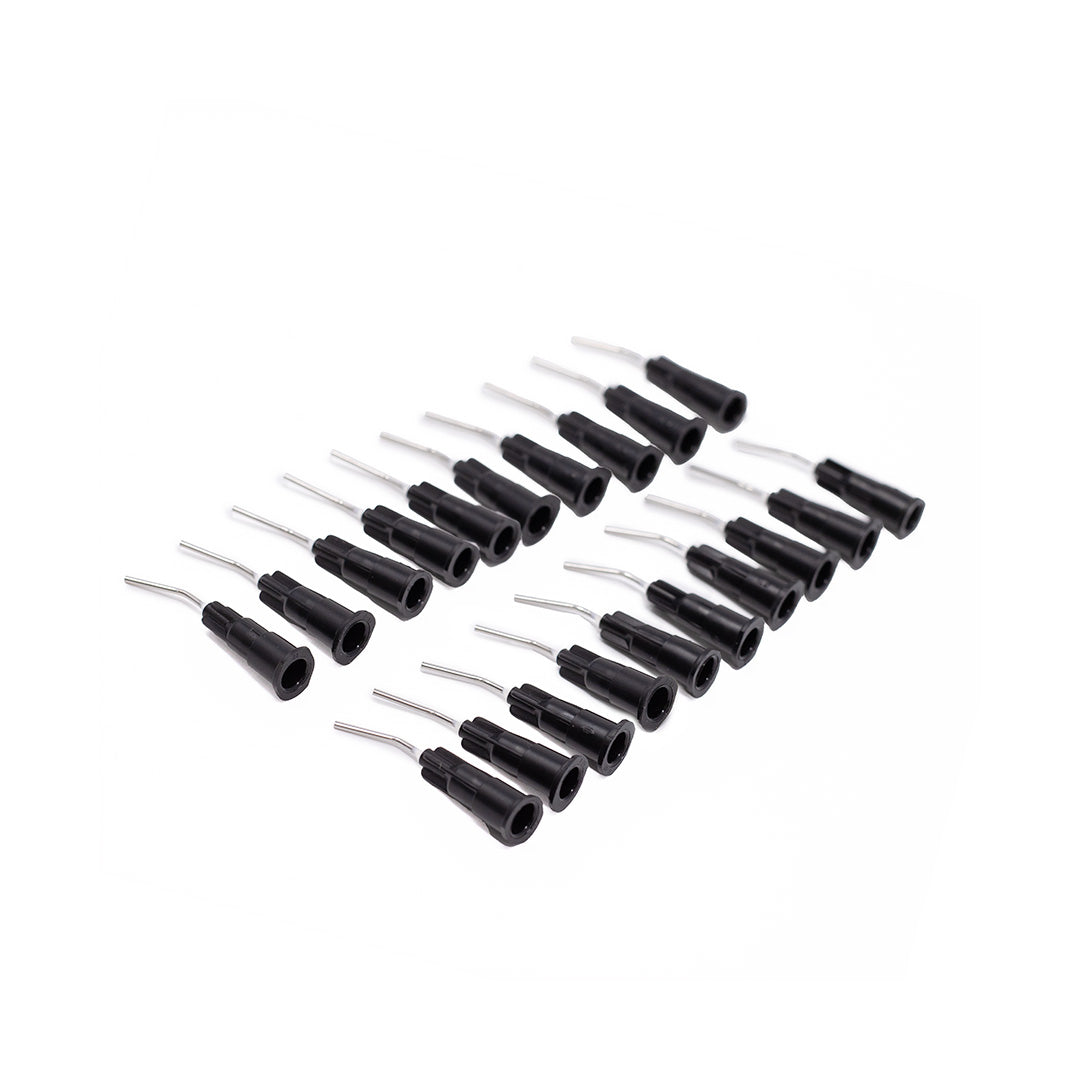 A 20 pack of black, metal-tipped application tips for dental syringes on a white background