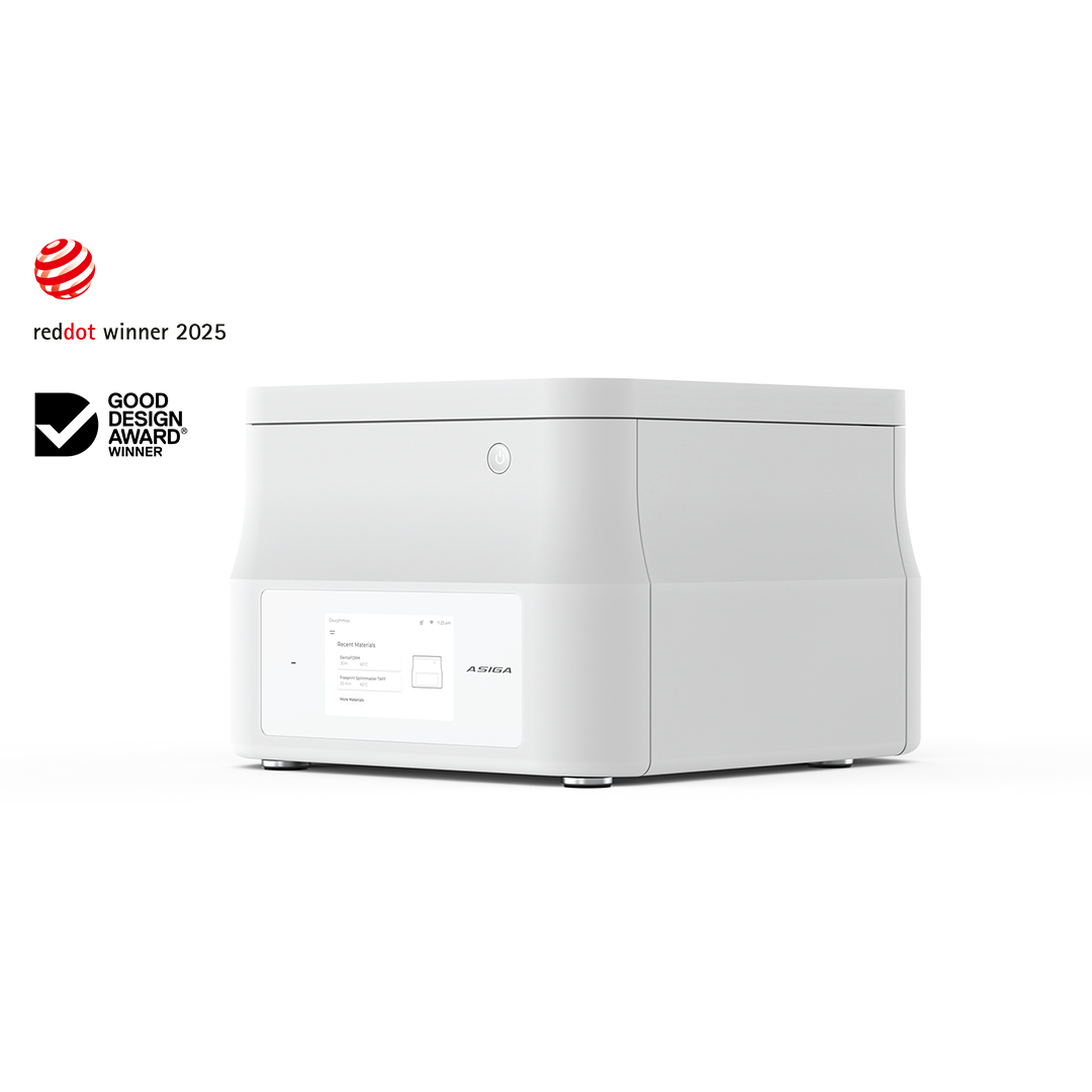 White 3D Printer on a white background with red dot winner & good design award winner logos.