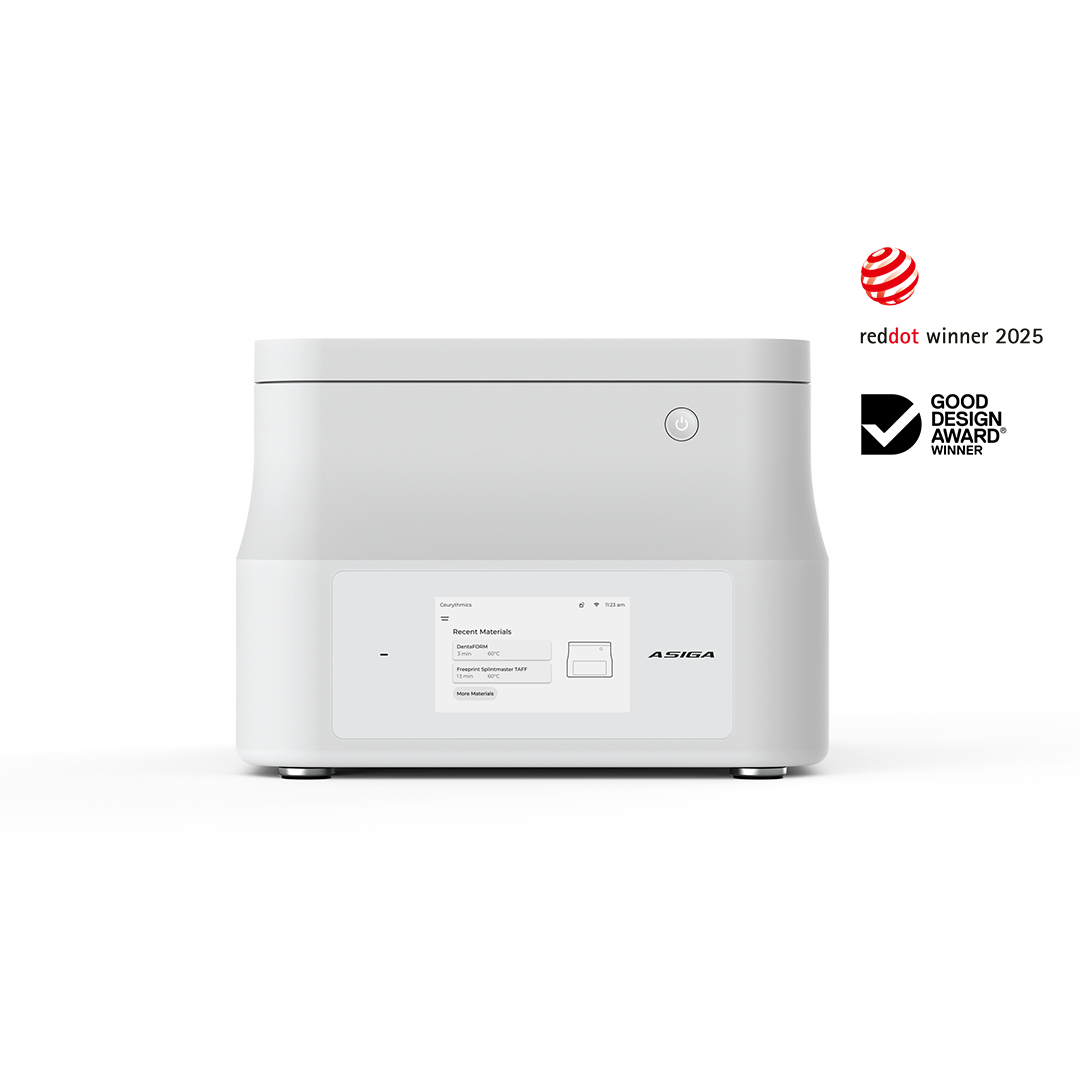 White 3D Printer on a white background with red dot winner & good design award winner logos.