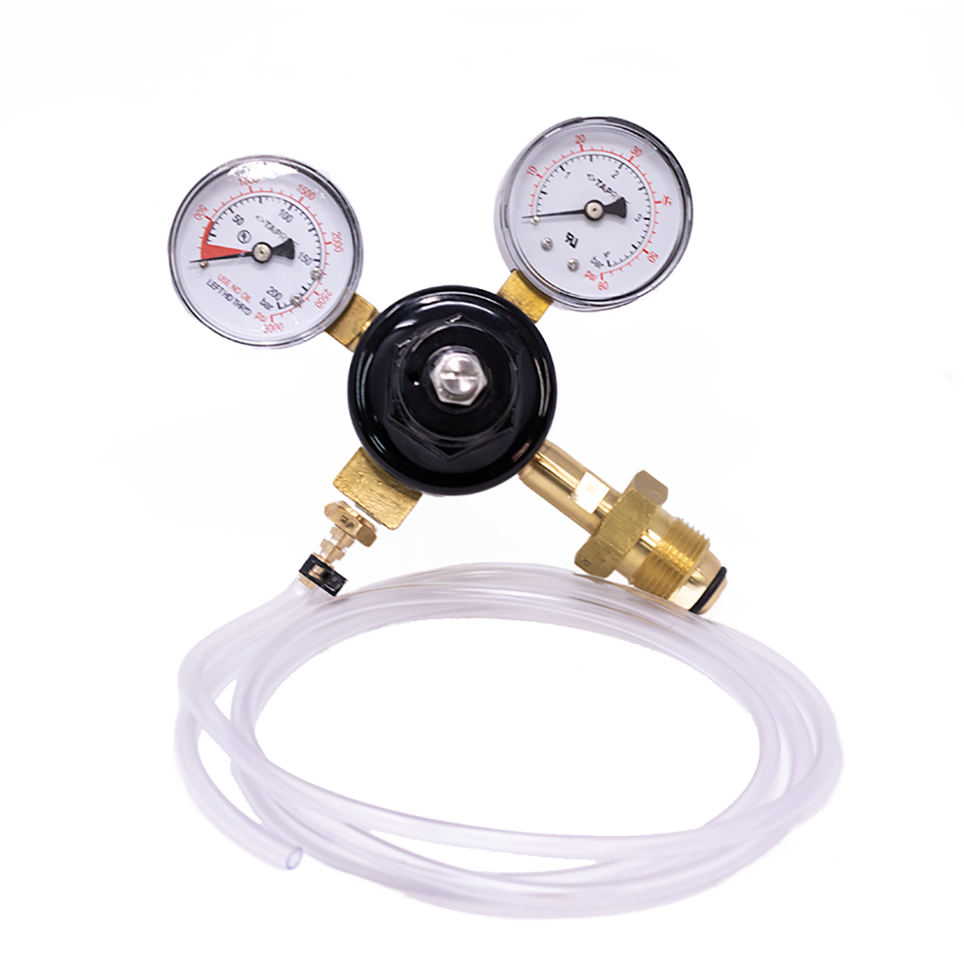 Pressure regulator with two gauges and a hose on a white background.