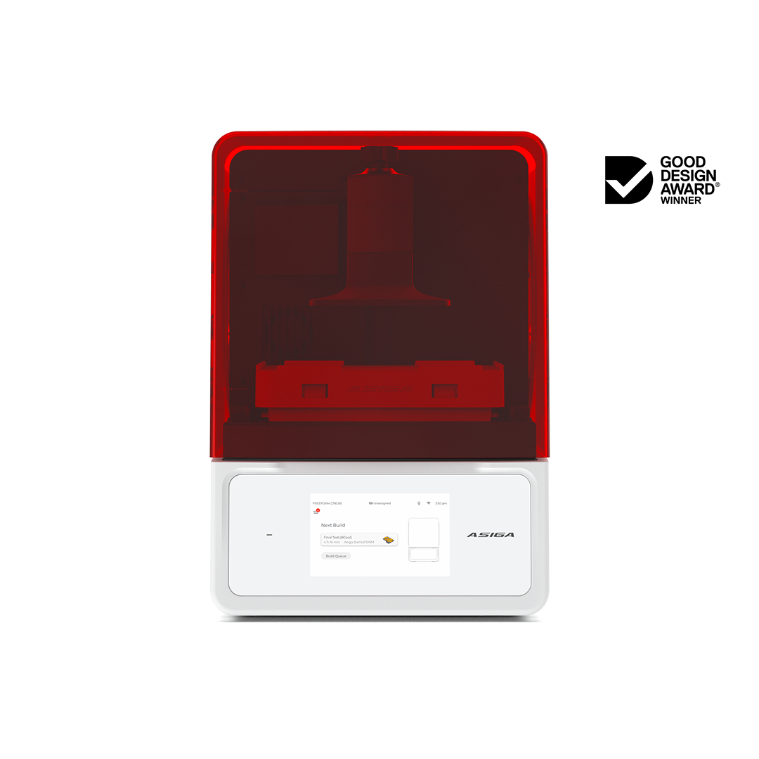 3D printer with red transparent lid on a white background, featuring Good Design Award Winner logo.