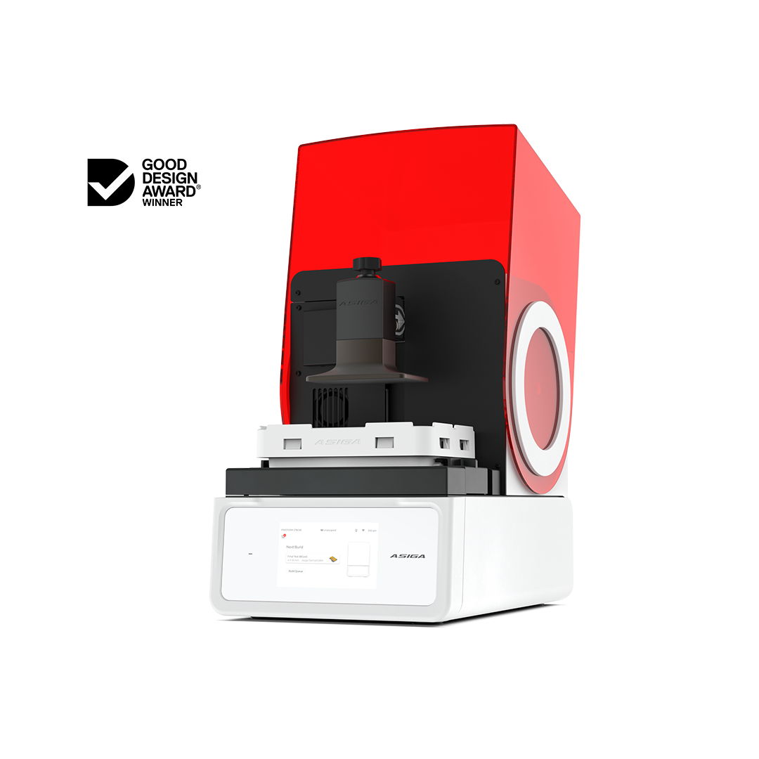 3D printer with red transparent lid on a white background, featuring Good Design Award Winner logo.