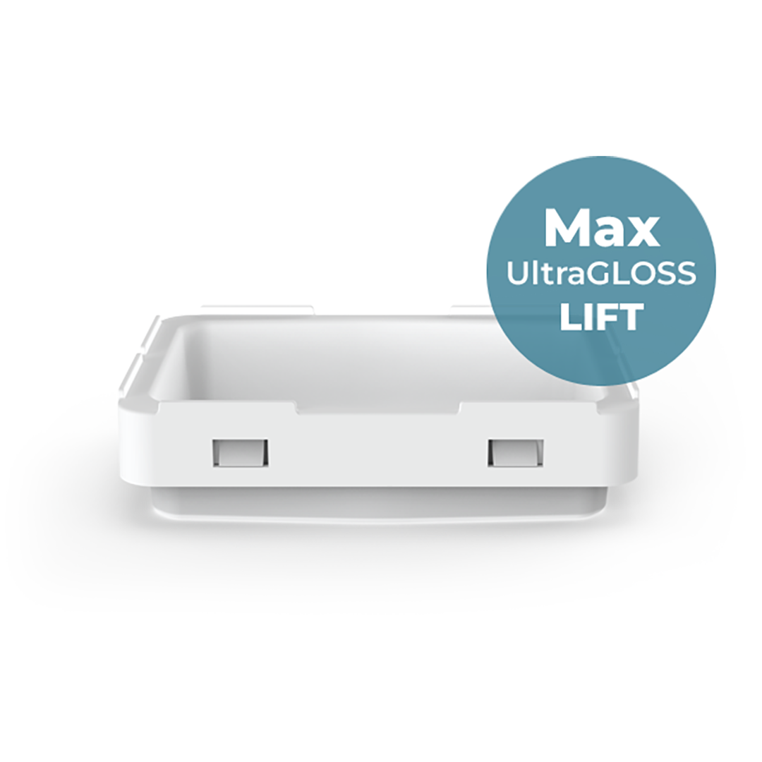 White 3D printing tray for an Asiga Max 3D Printer on a white background.