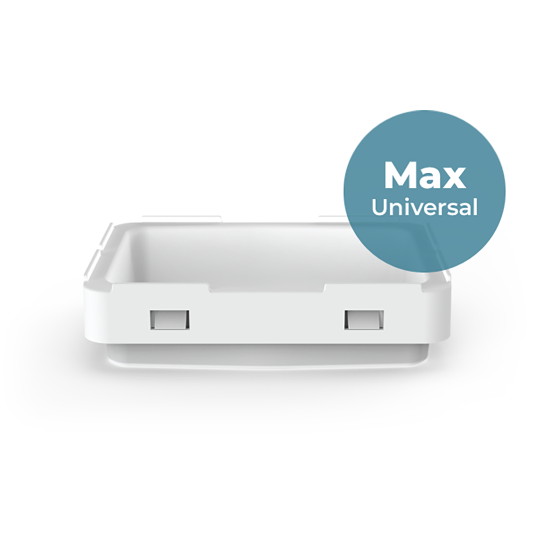 White 3D printing tray for an Asiga Max 3D Printer on a white background.