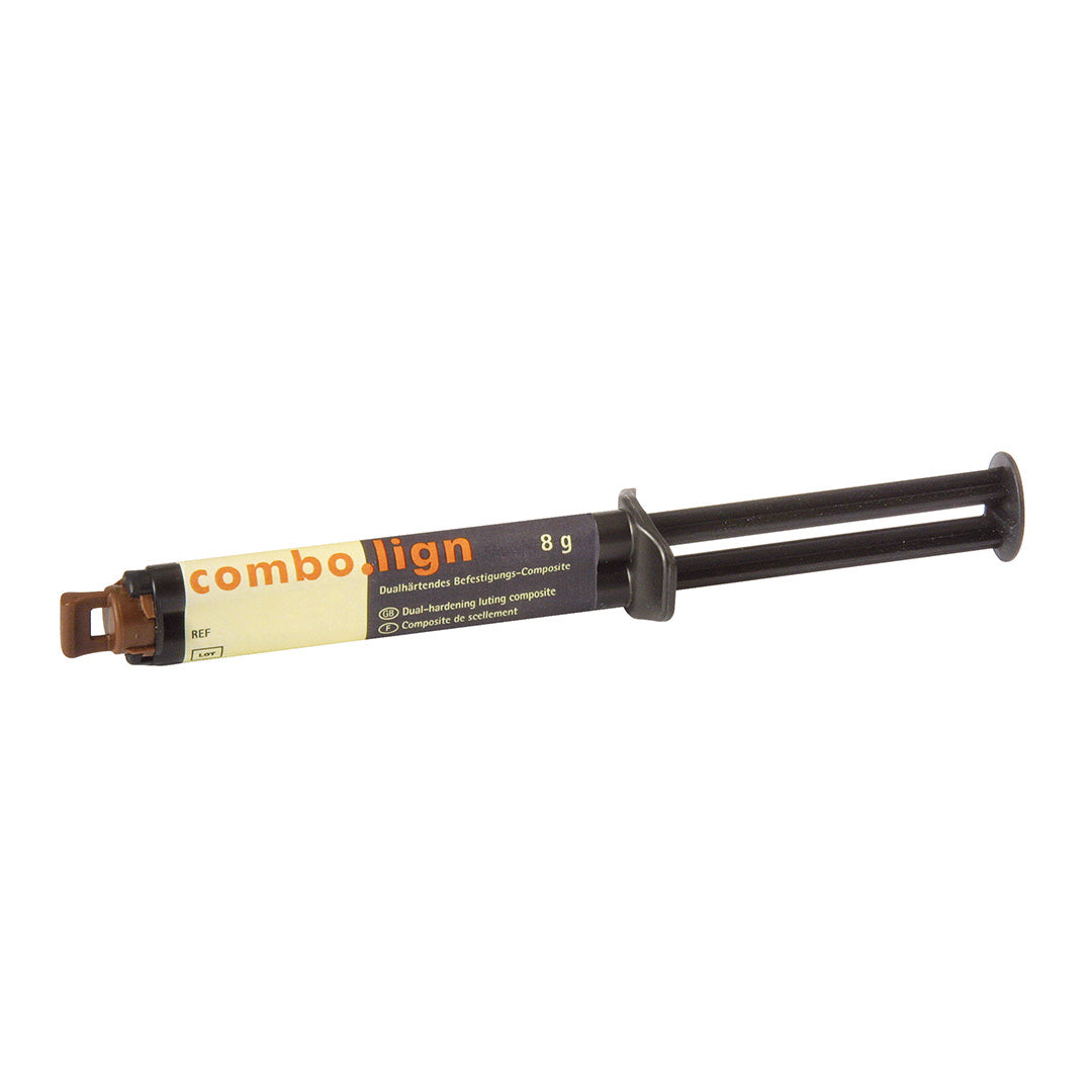 A syringe of dental luting composite labeled as 'combo.lign'.