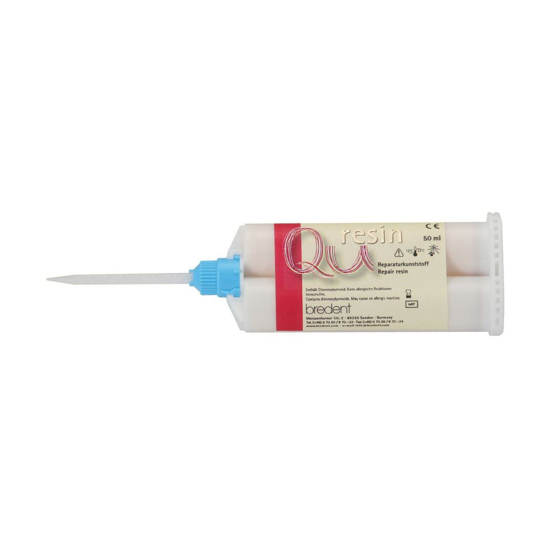 A cartridge of Bredent Qu-Resin, filled with pink repair resin material for dental use.