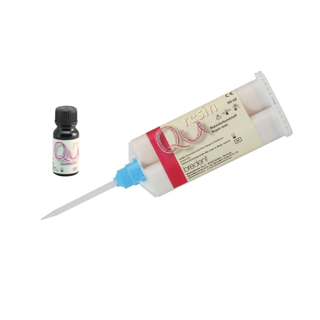 A Bredent Qu-Resin Pink Kit which includes a resin cartridge and a bottle of Qu-Connector.