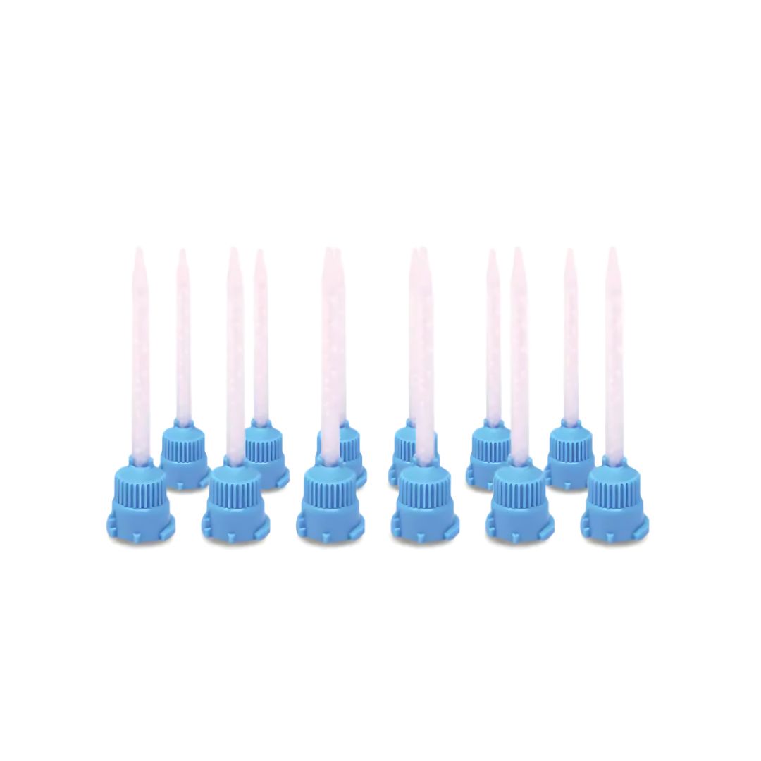 A set of twelve mixing tips for Bredent Qu-Resin. The mixing tips are transparent and have blue cap to screw onto the resin cartridge.