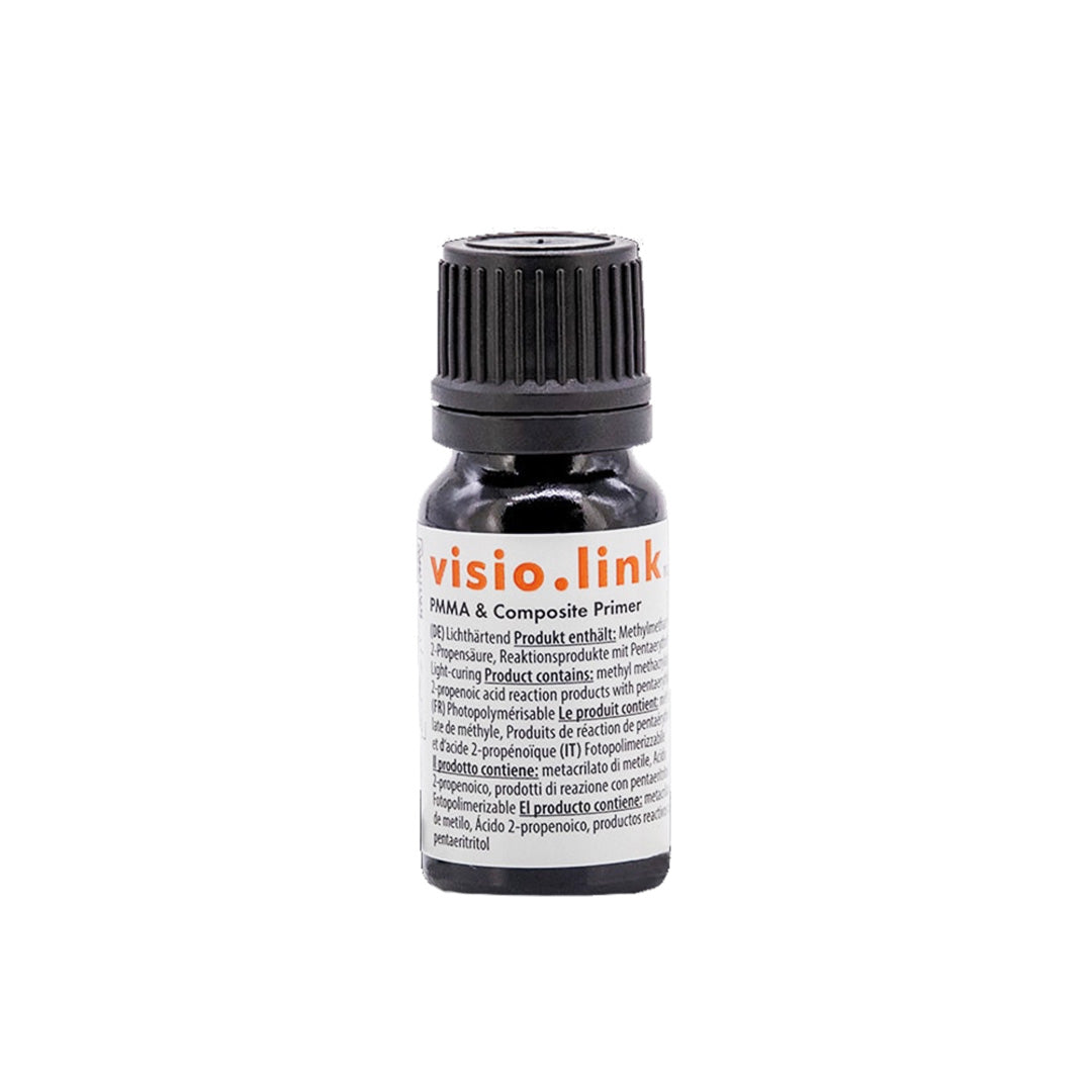 A bottle of Bredent Visiolink Primer with a black cap and a label that includes product details.