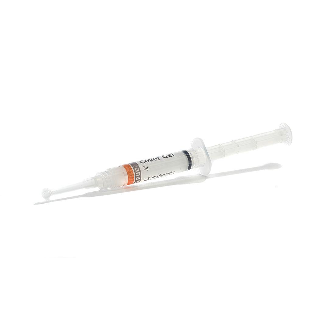 A syringe of Cover Gel on a white background.