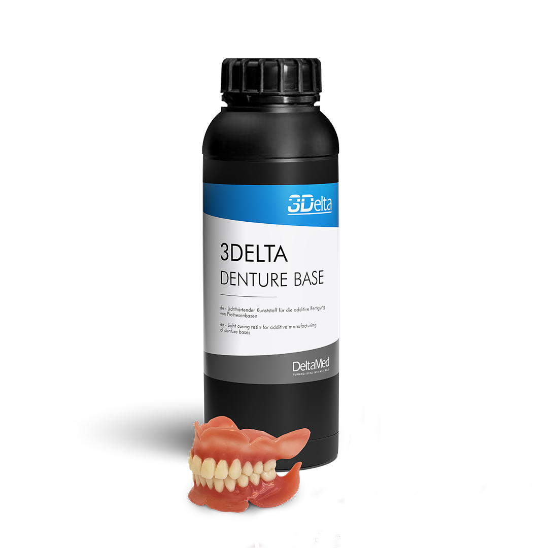 Black bottle of resin labeled "DeltaMed 3Delta Denture Base" with a denture next to it on a white background.