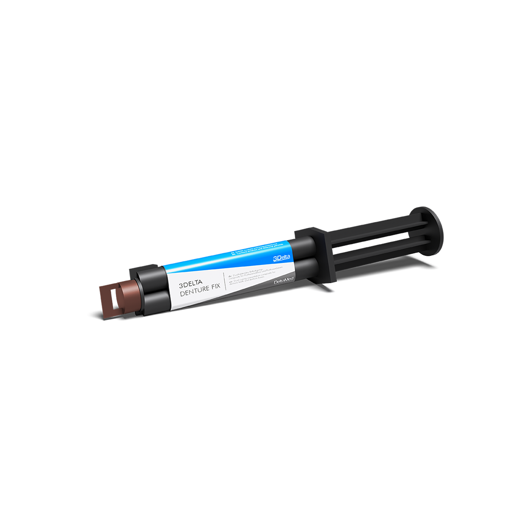 A syringe of Deltamed Denture Fix on a white background.