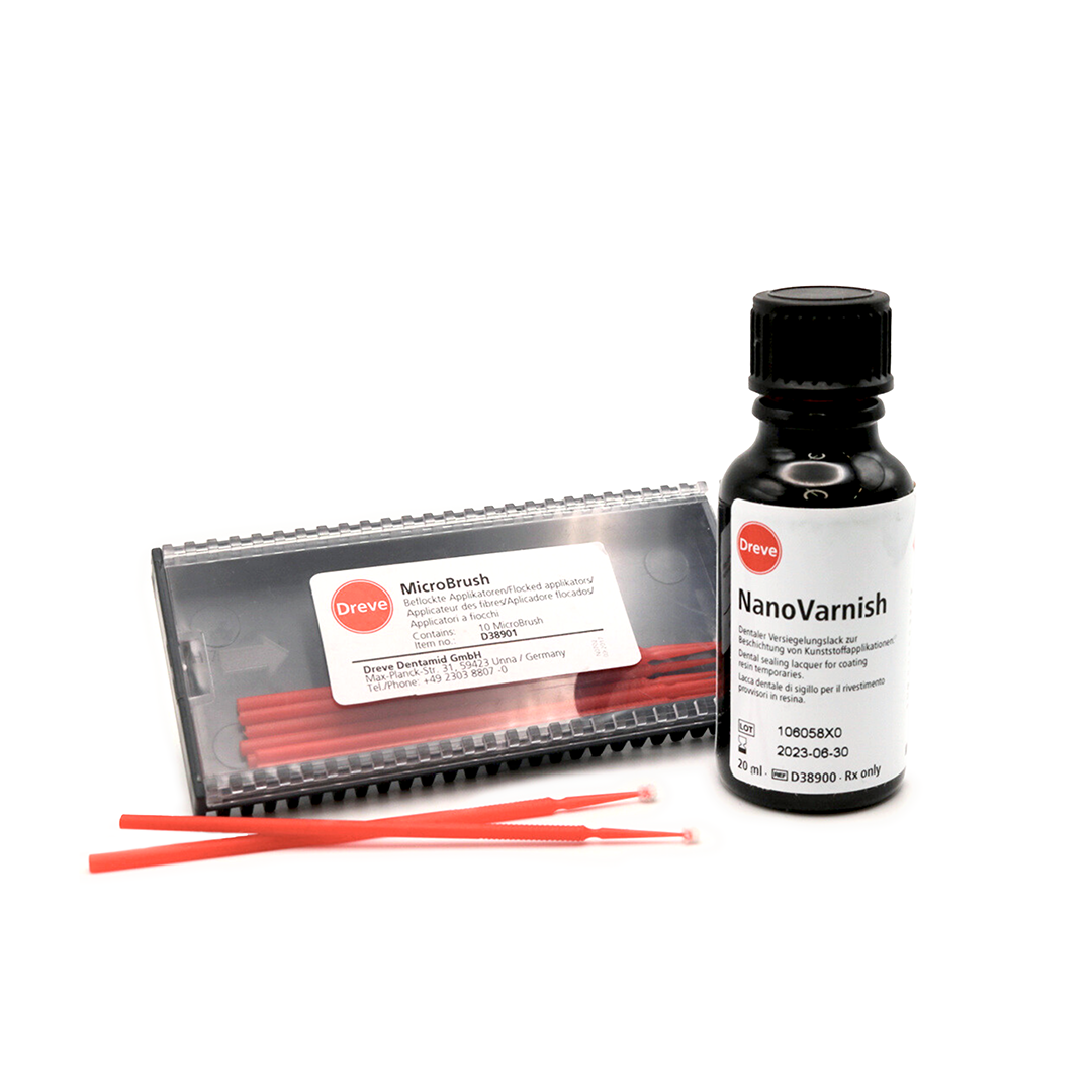 A product image showing a bottle labeled 'NanoVarnish' alongside a MicroBrush kit with red disposable tips. The MicroBrush kit is packaged in a clear plastic box with branding and product information.