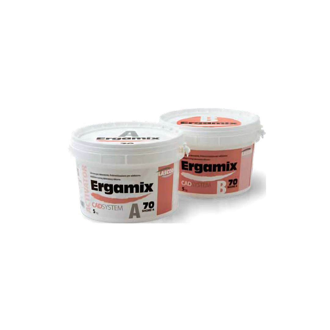 Two containers of Ergamix silicones, one labeled as 'A' and the other as 'B', typically used for dental purposes.