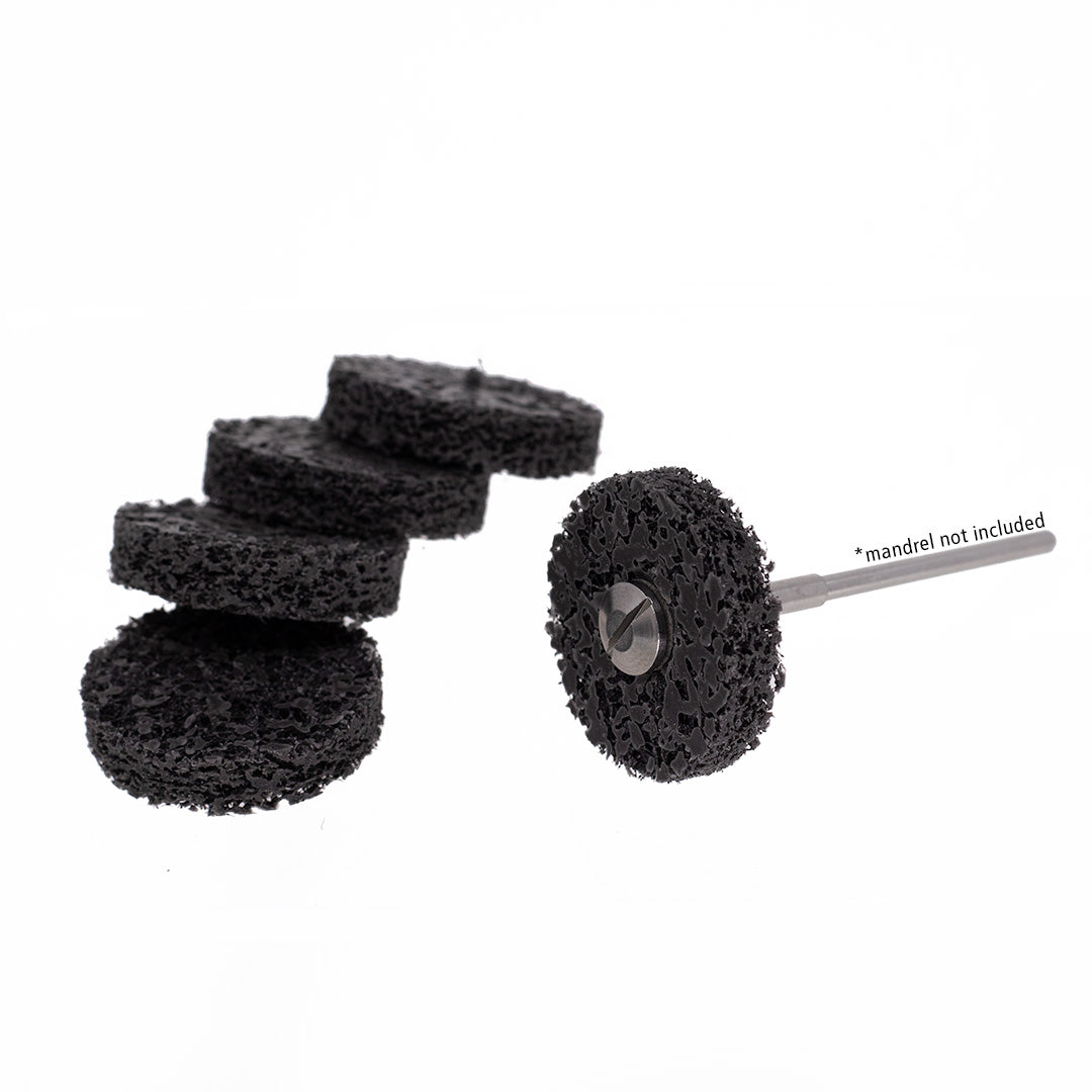 Set of 5 black 6mm anax rotary stiff pad wheel burs on a white background.