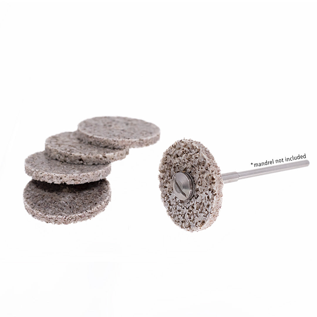 Set of 5 grey biege 3mm anax rotary stiff pad wheel burs on a white background.