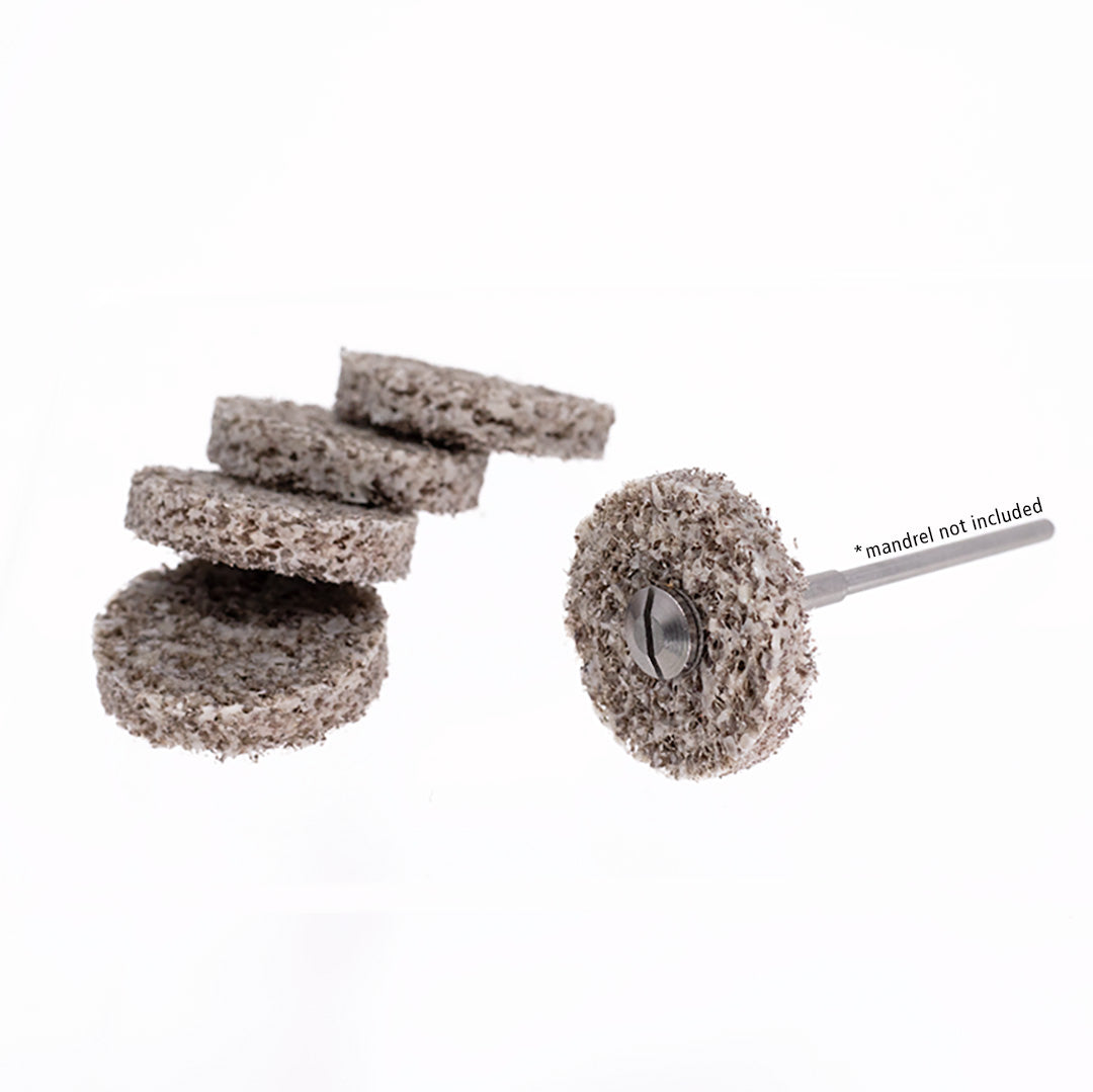 Set of 5 grey biege 6mm anax rotary stiff pad wheel burs on a white background.
