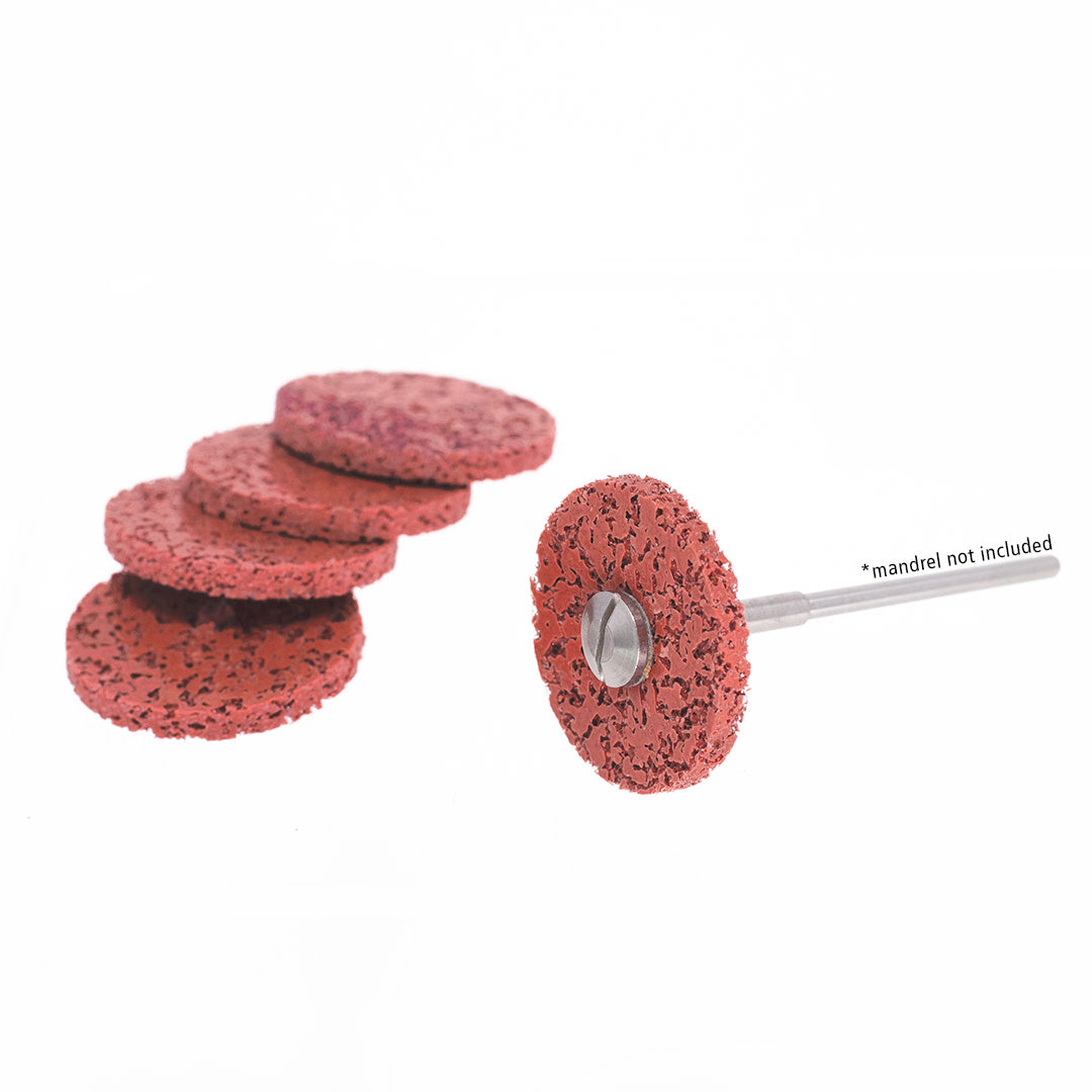 Set of 5 red 3mm anax rotary stiff pad wheel burs on a white background.