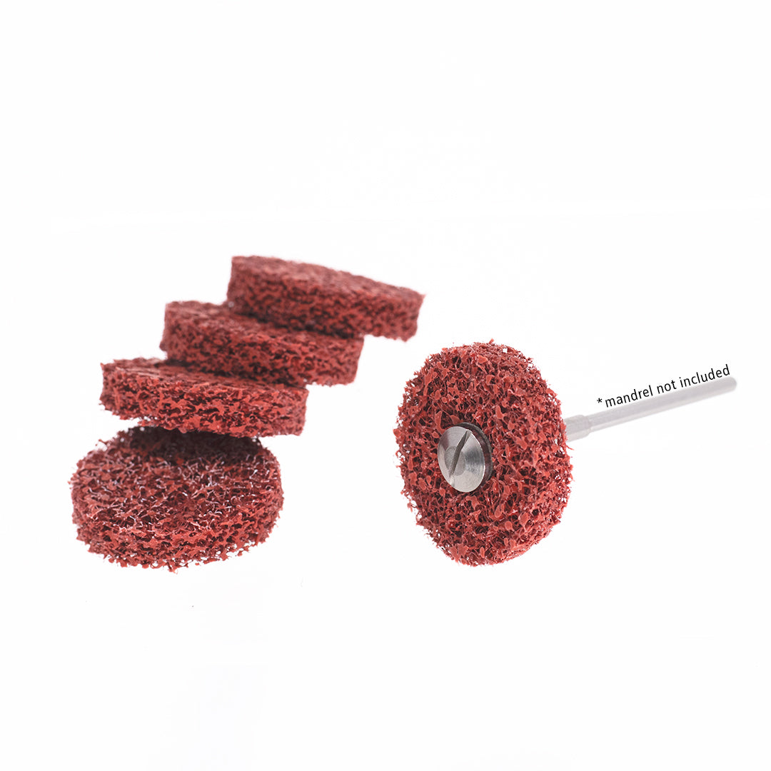 Set of 5 red 6mm anax rotary stiff pad wheel burs on a white background.
