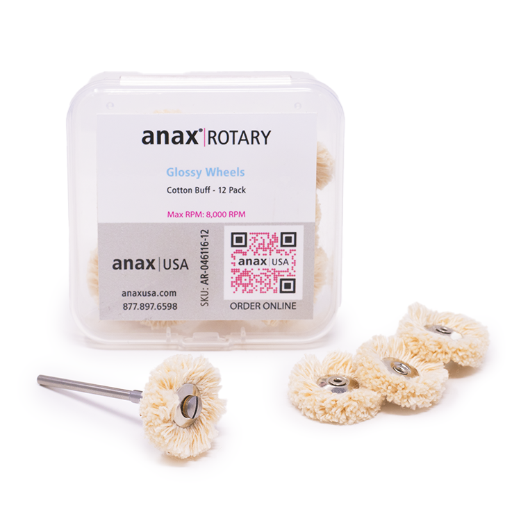 A clear box with an anax Rotary label on it, containing 12 cotton buff rotary wheels, on a white background.