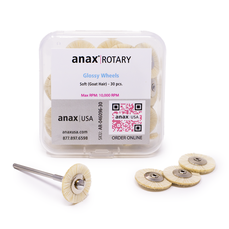 A clear box with an anax Rotary label on it, containing 30 cream-colored polishing wheels, on a white background.