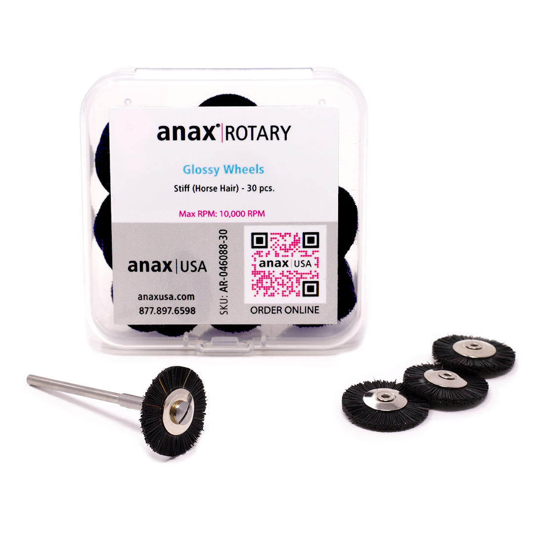 A clear box with an anax Rotary label on it, containing 30 black polishing wheels, on a white background.