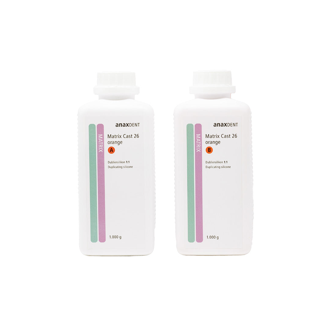 Two bottles labeled as "Matrix Cast 26 Orange" on a white background; One bottle is marked "A", the other is marked "B".