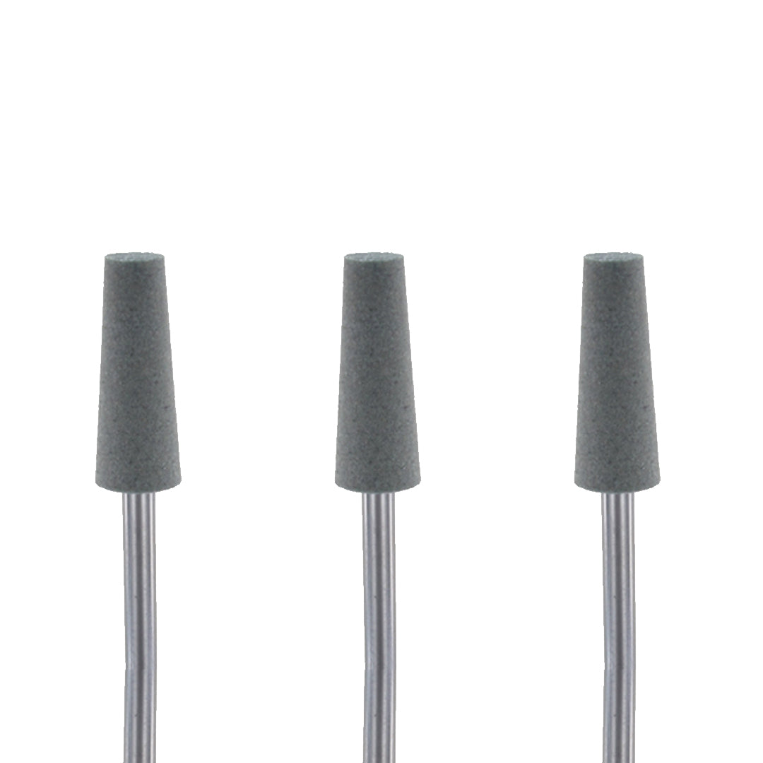 Set of three grey, cone-shaped rotary burs on a white background.