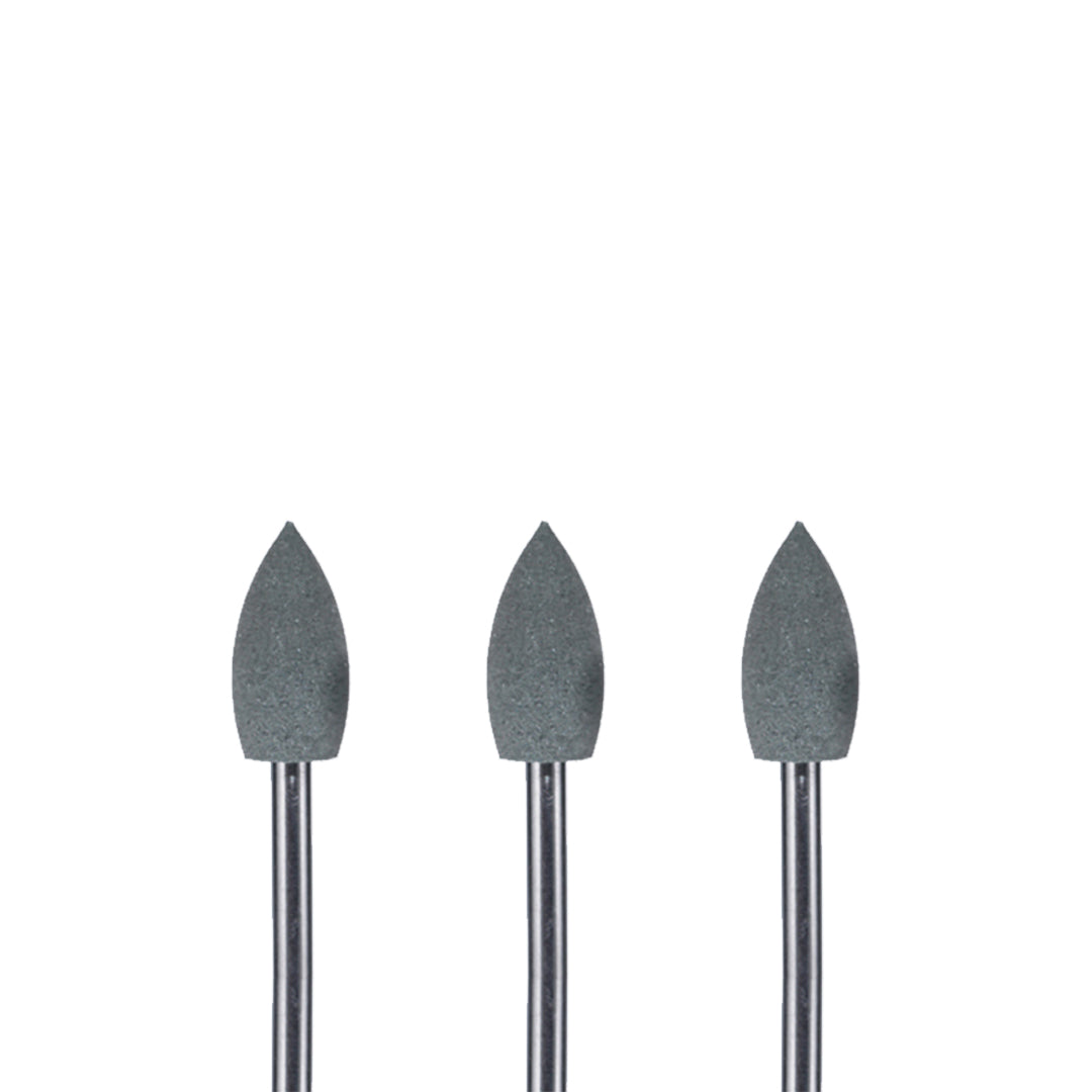 Set of three grey rotary burs on a white background.