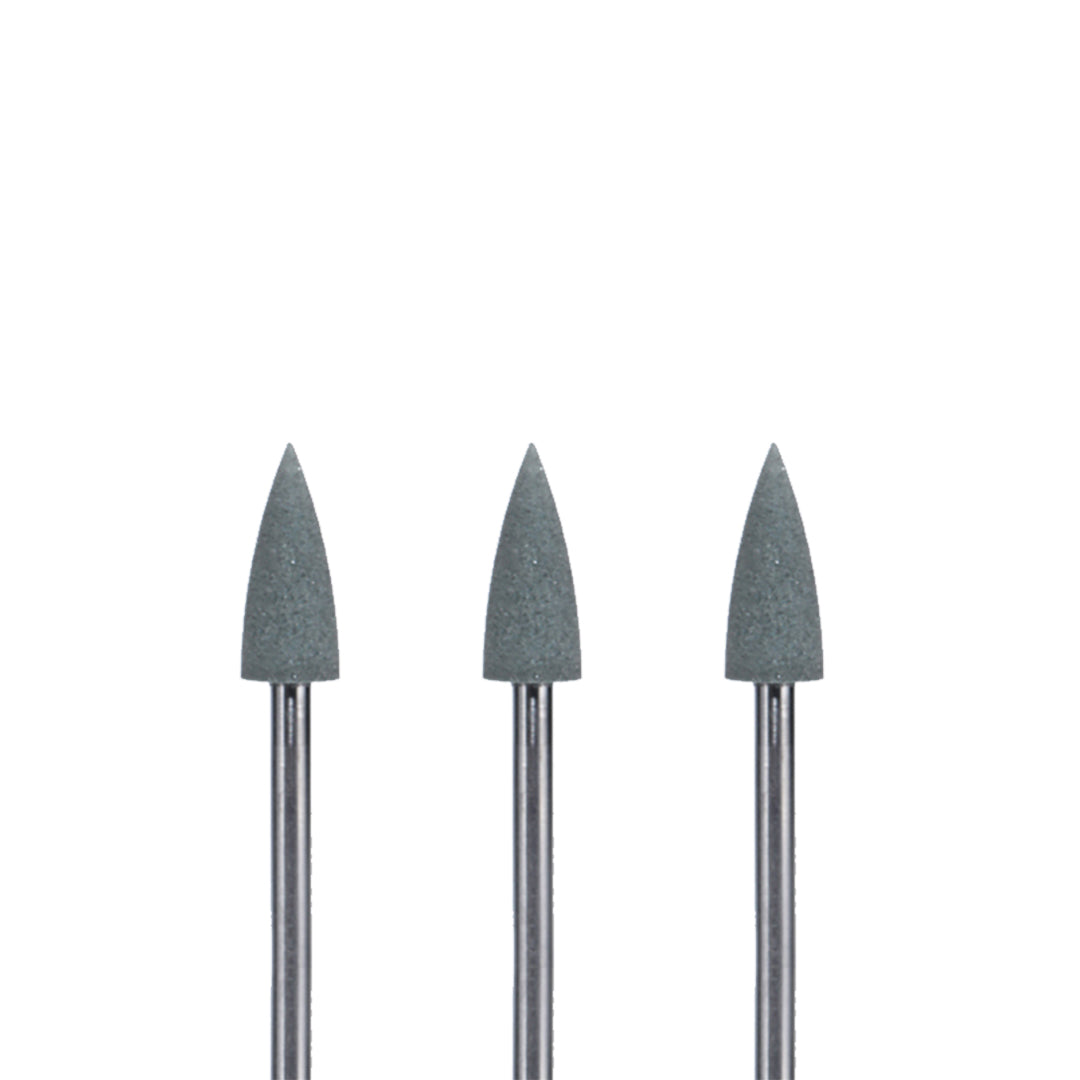 Set of three grey, pointed rotary burs on a white background.