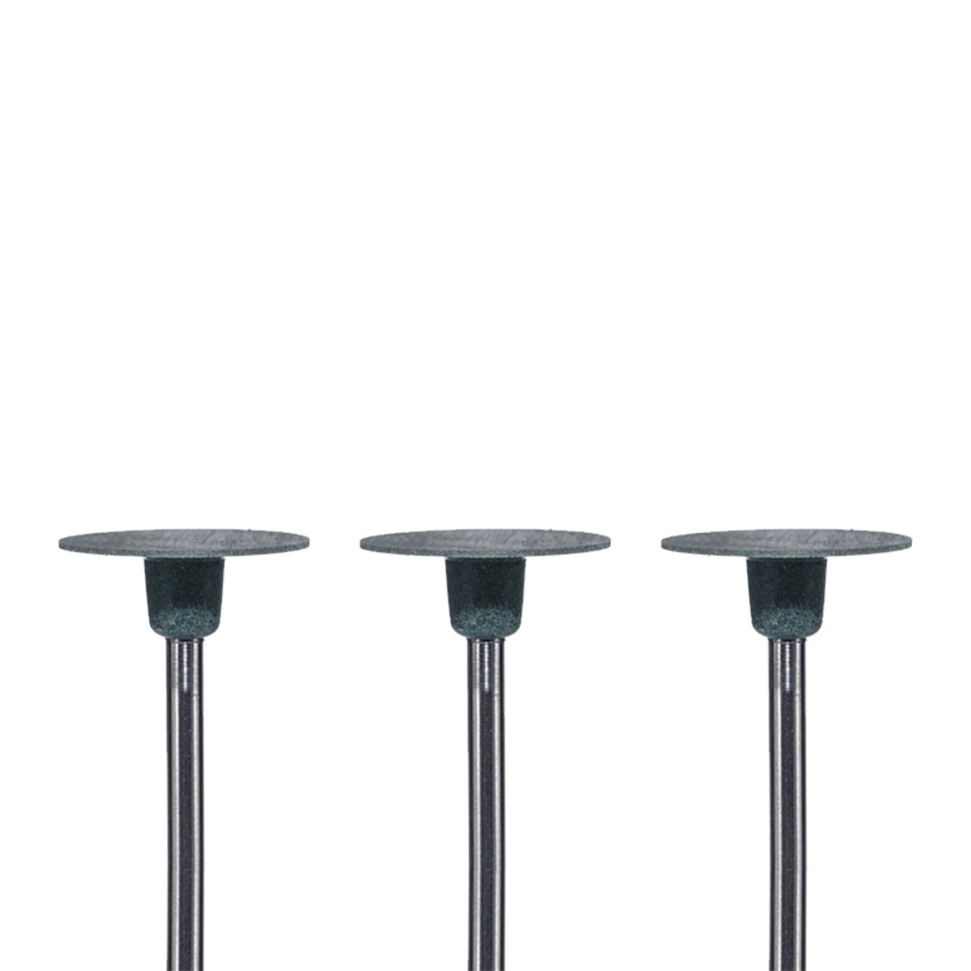 Set of three grey disc-shaped rotary burs on a white background.