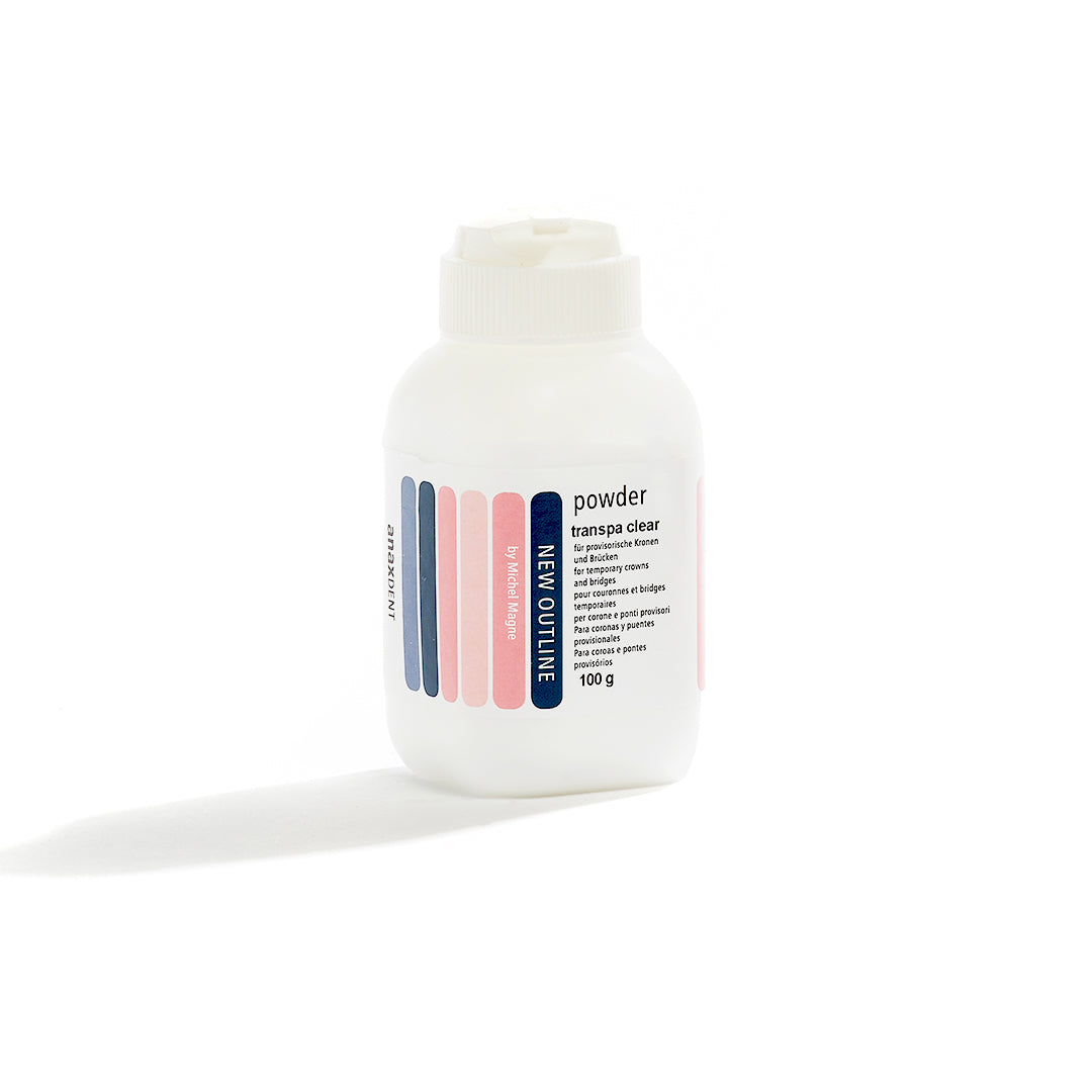 A 100g white bottle with a label on it that says "New Outline transpa clear powder".