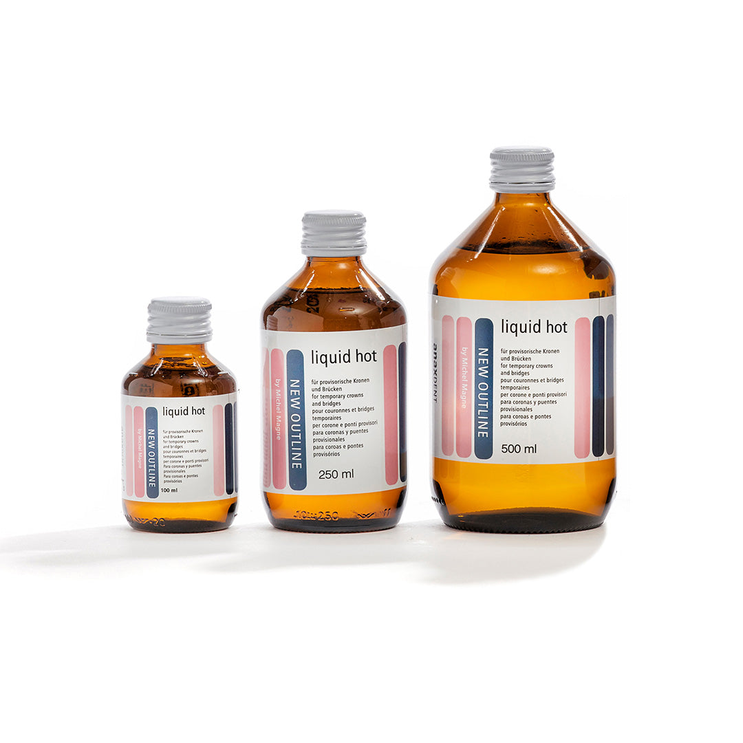 Three different containers of New Outline liquid monomer; one is 100ml, one is 250ml, and the third one is 500ml.