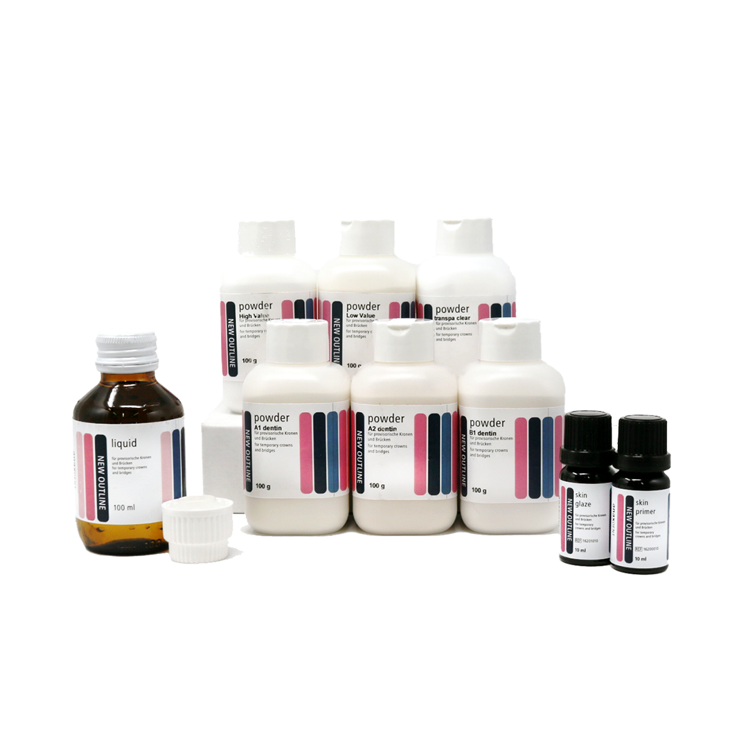 A collection of New Outline dentin and enamel powder bottles, a liquid bottle, and small priming and glazing bottles arranged on a white surface.