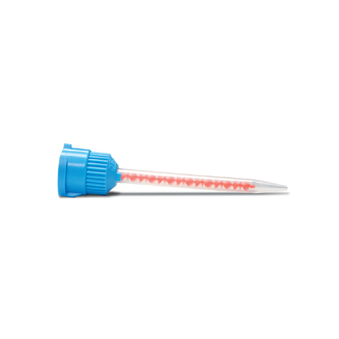 A single mixing tip for New Outline dental acrylic materials, with a blue cap and clear body.