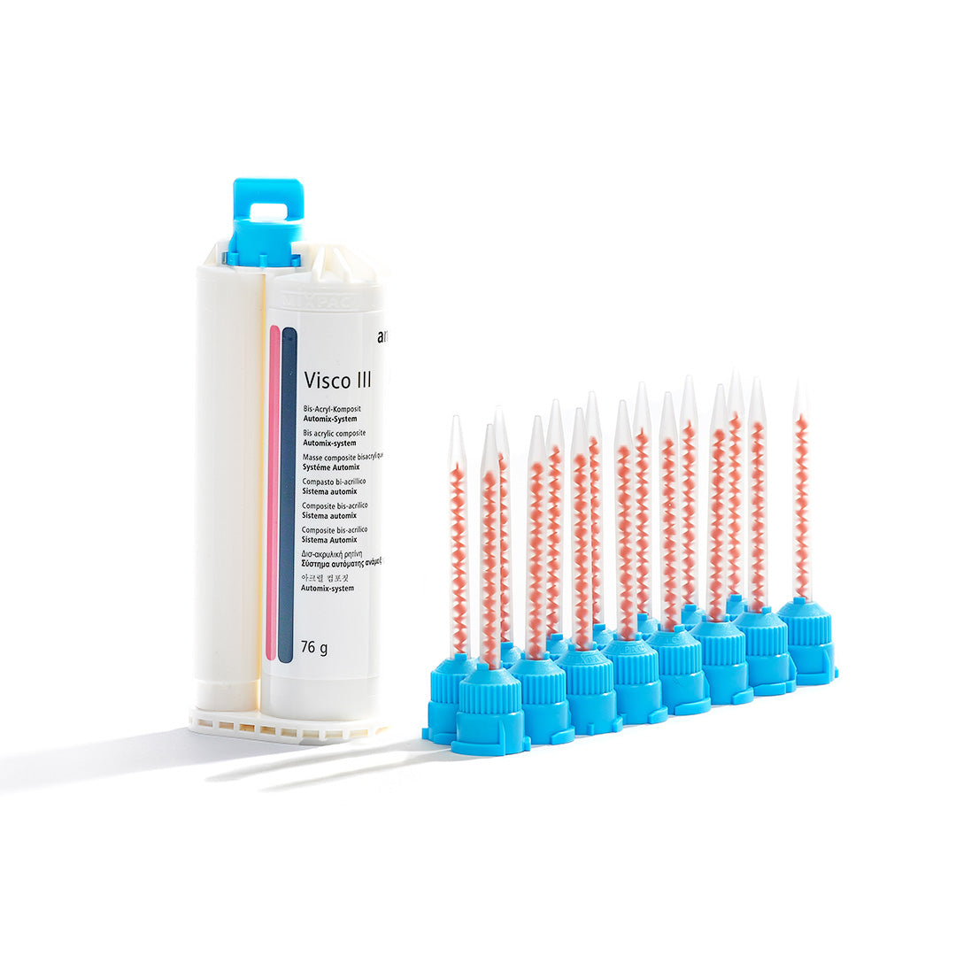 A New Outline Visco III cartridge and mixing tips arranged on a white background.