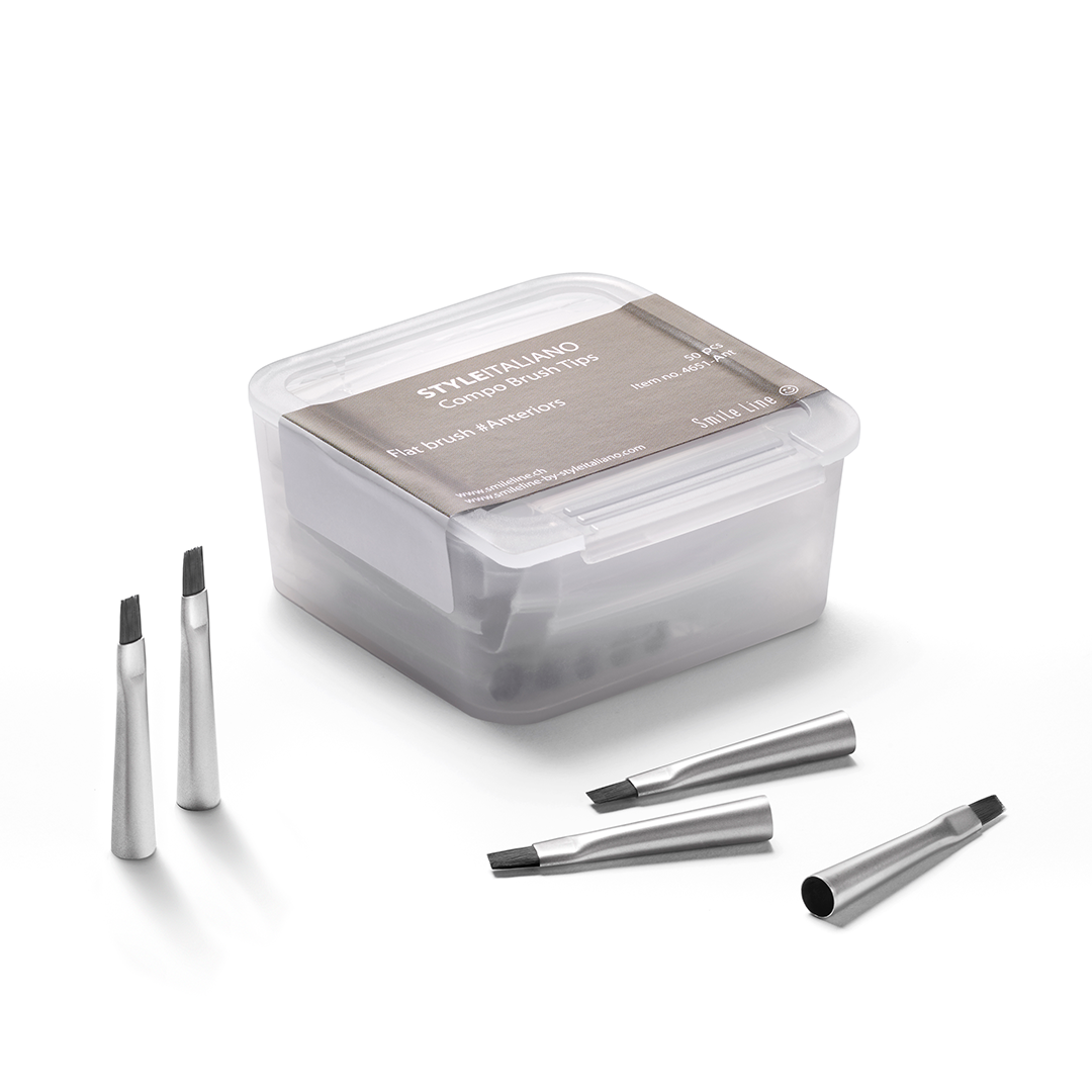A clear plastic box containing dental composite brush replacement tips, with five tips displayed outside the box.