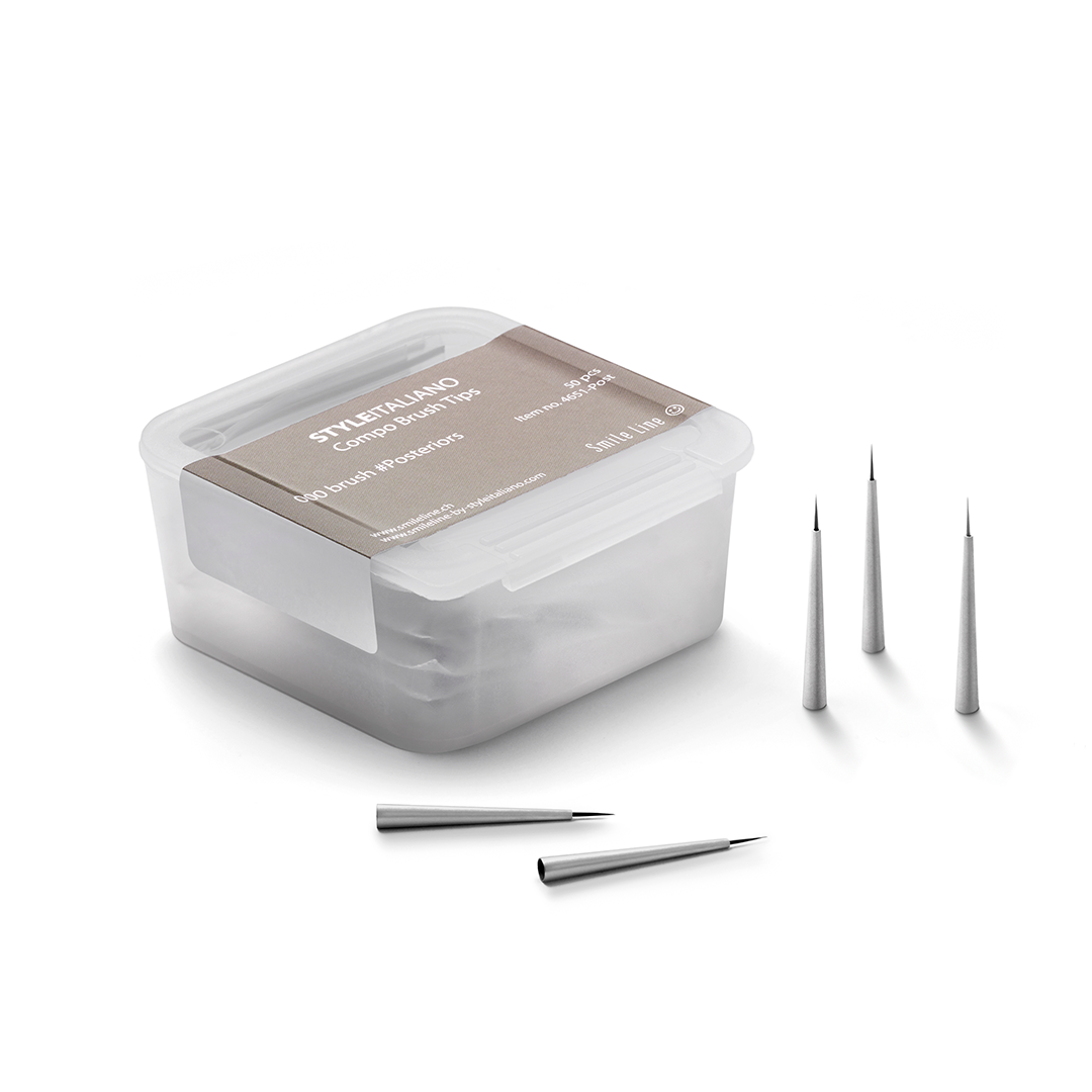 A clear plastic box containing dental composite brush replacement tips, with five tips displayed outside the box.