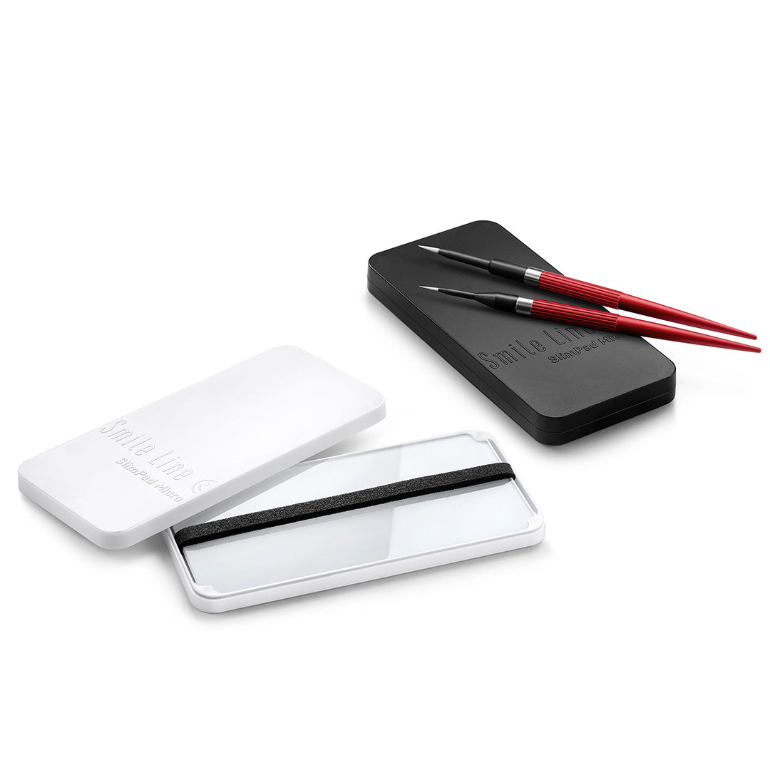 Two SlimPad Micro trays (one black, one white), and two N.era Intenso brushes (one #1, one #4), arranged on a white background.