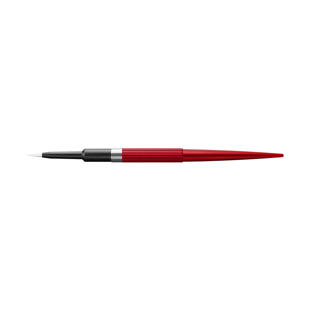 A Smile Line N.era Intenso Brush #4, with a red and black handle and a white tip, on a silver background.