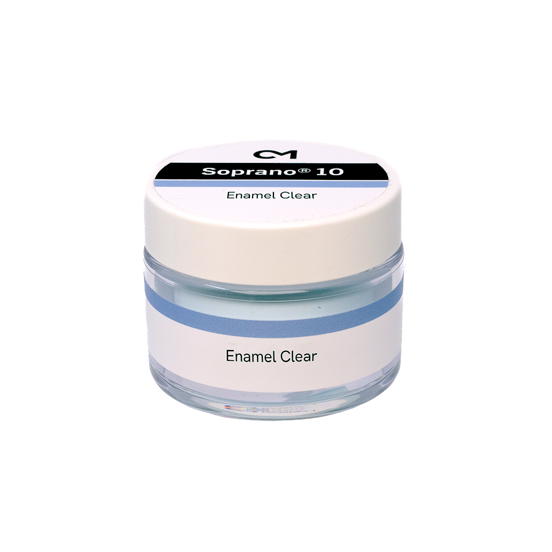 A 25g jar of Soprano 10 Enamel Clear ceramic build-up powder on a white background
