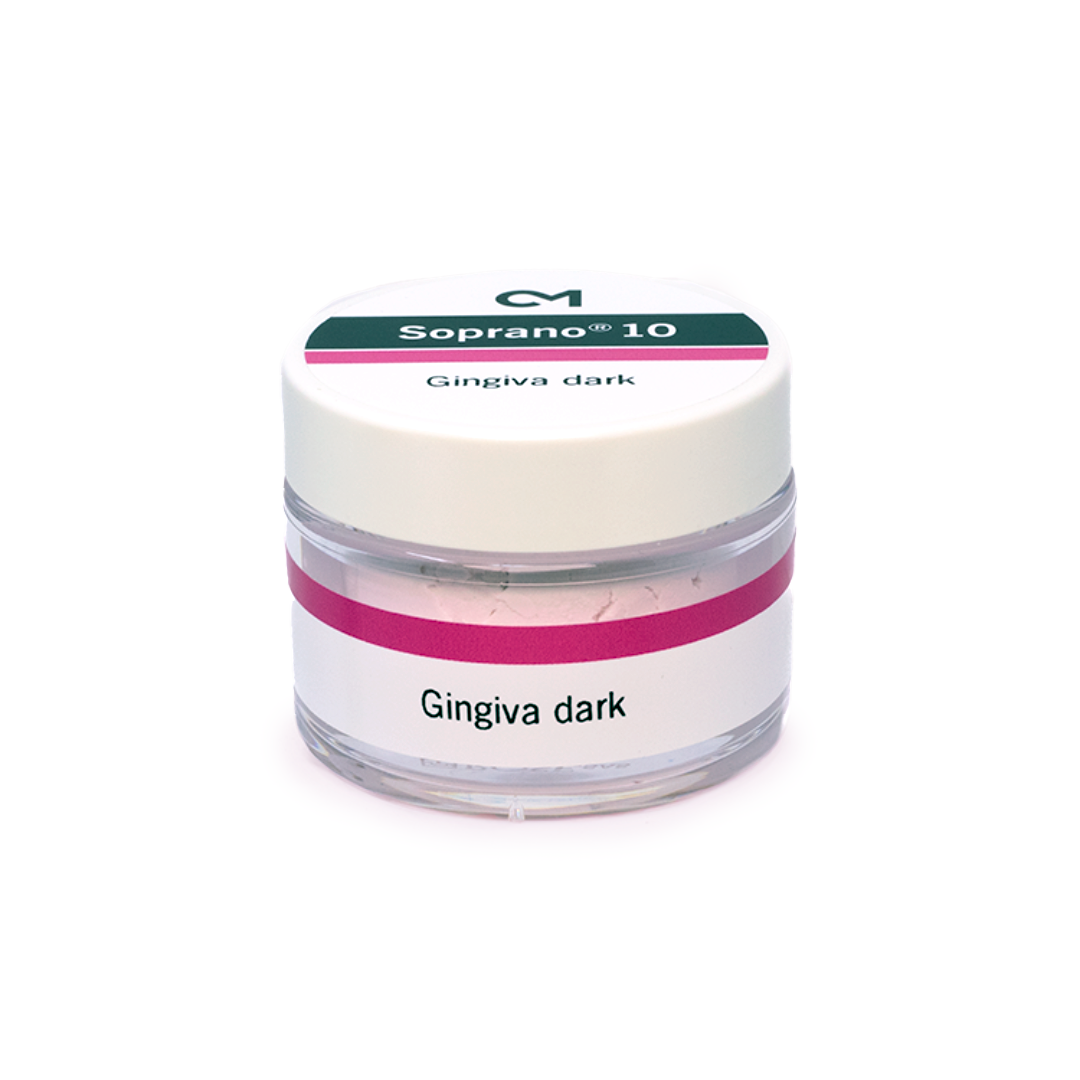 A 25g jar of Soprano 10 Gingiva Dark ceramic build-up powder on a white background