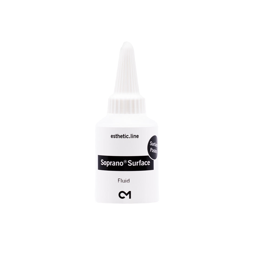 A white bottle of Soprano Surface fluid on a white background.