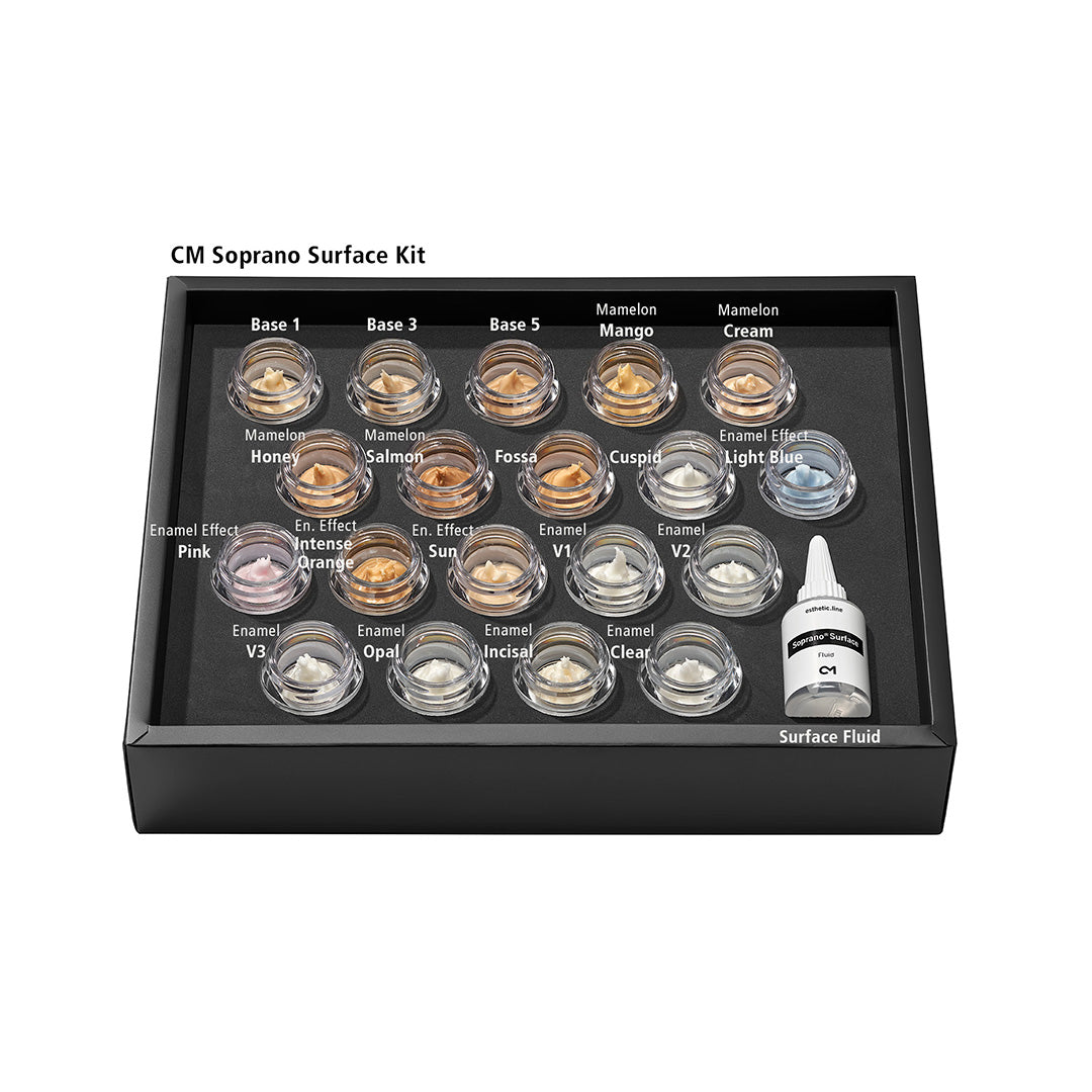 Open black kit box displaying the contents of the Soprano Surface Tooth-Shades Kit, with labels identifying the shades of each open jar of ceramic.