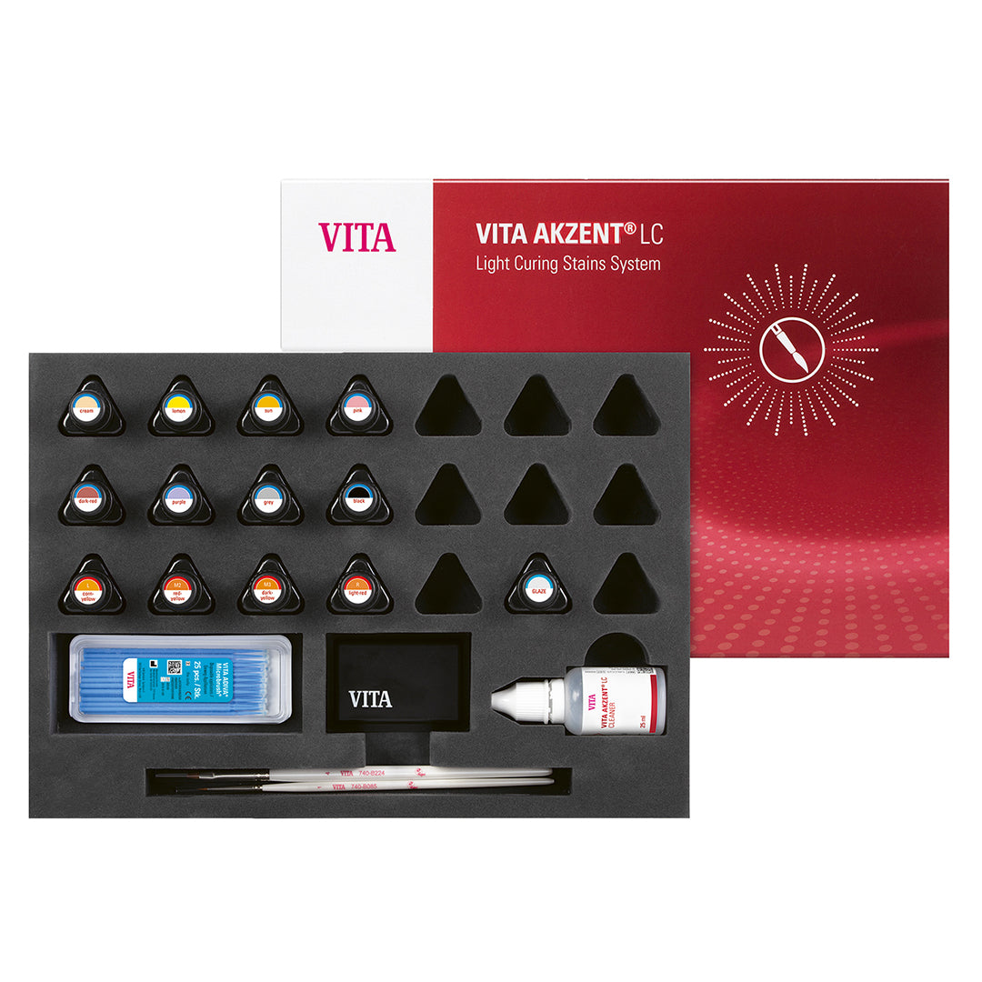 A product image of VITA brand dental stain system, including various triangular containers of stains, a mixing palette, micro brushes, and a bottle.