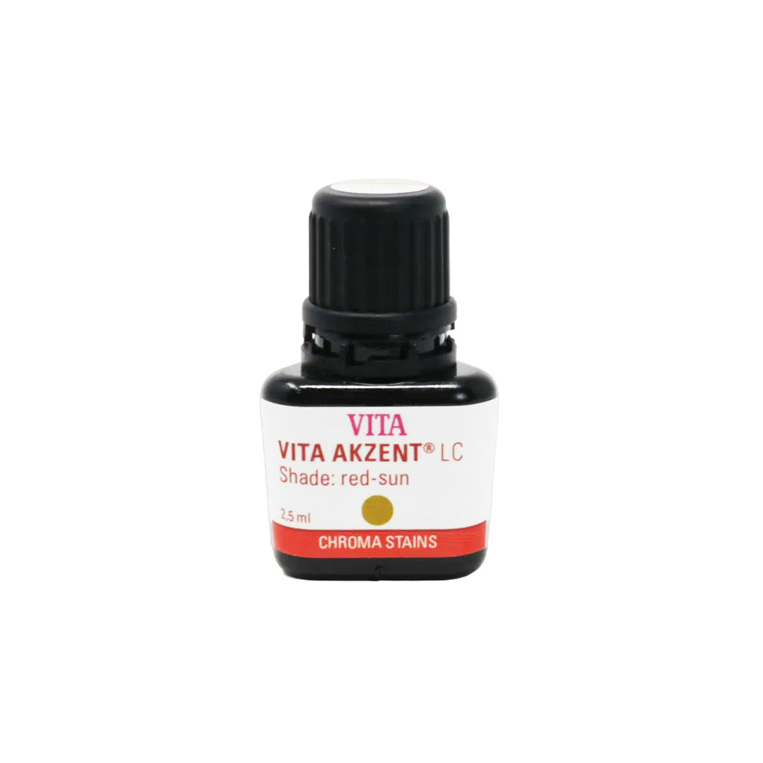 A bottle of VITA AKZENT LC chroma stains with the shade name 'red-sun' labeled on it.