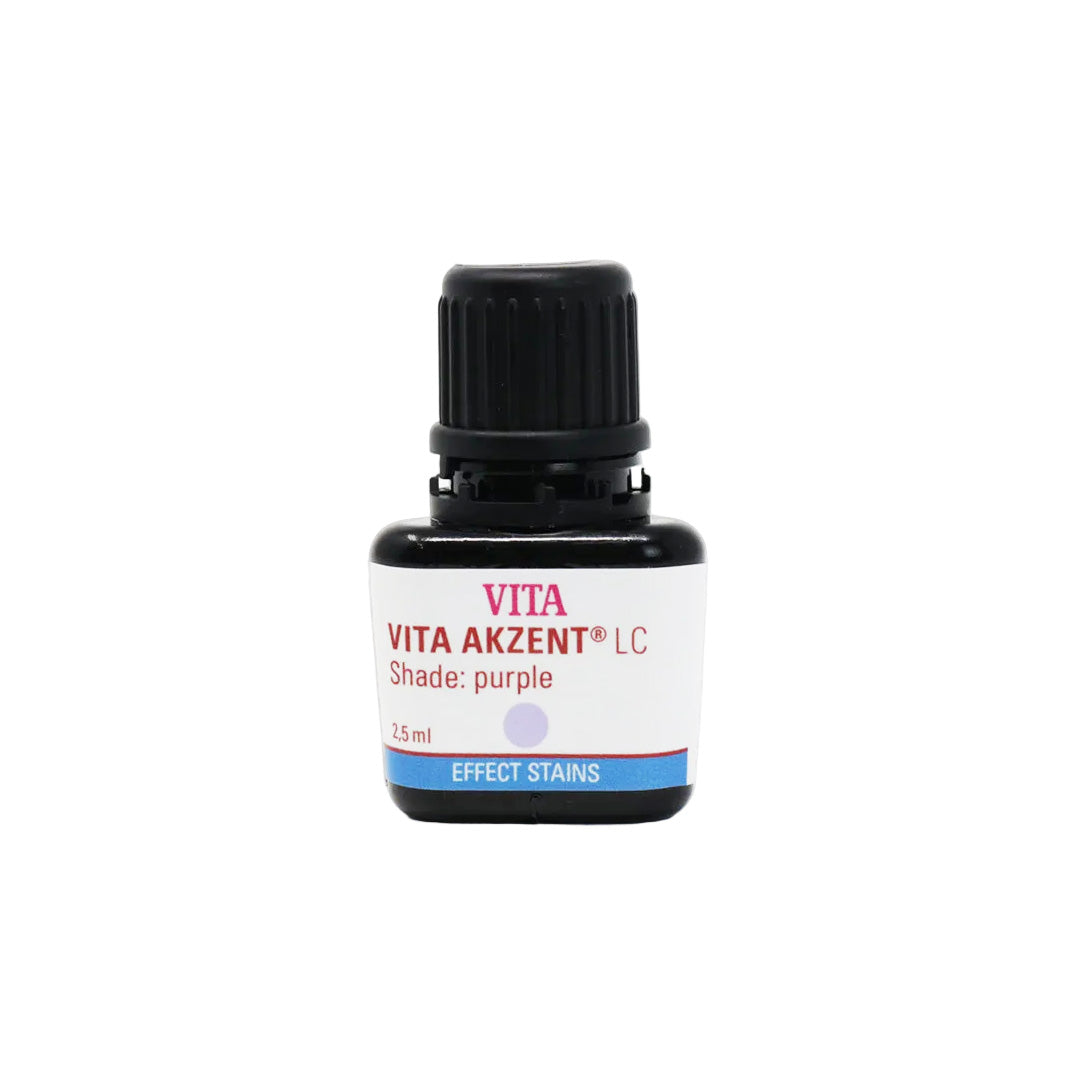 A bottle of VITA AKZENT LC effect stain in purple shade, used for dental composites.
