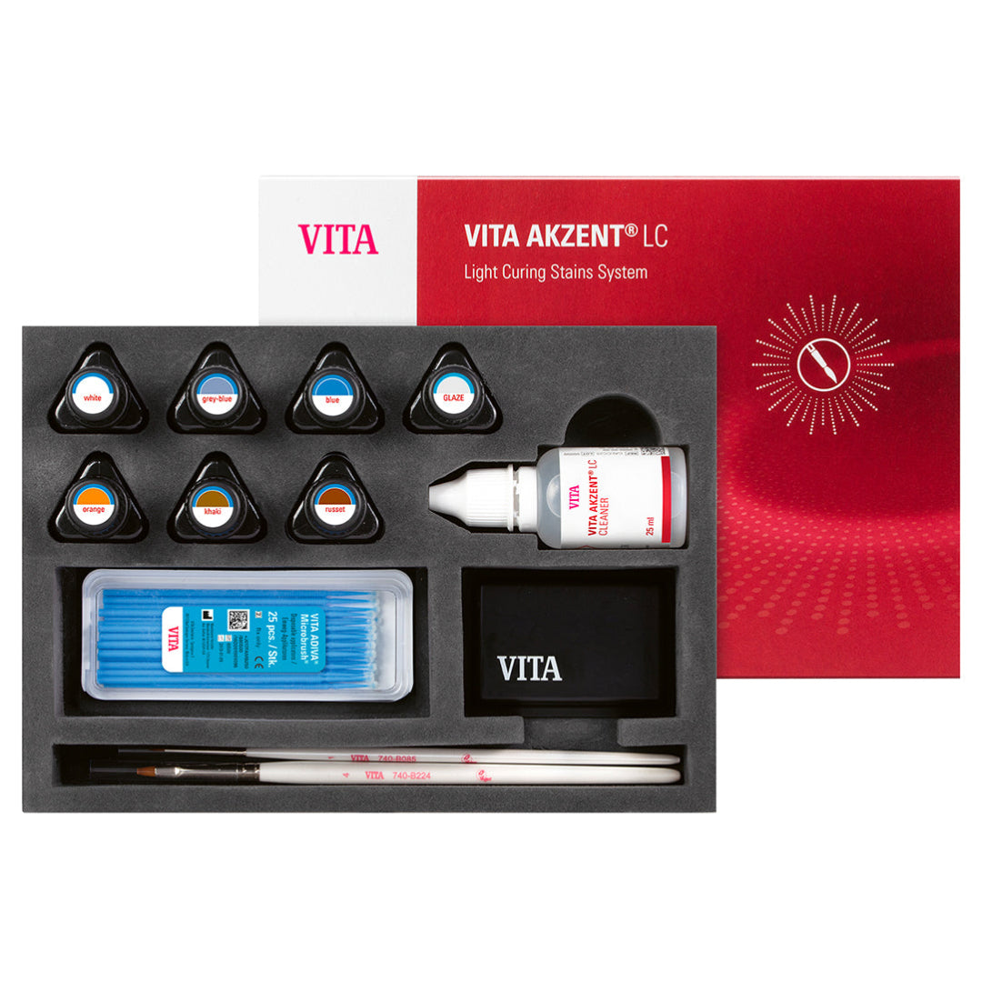 A product image of VITA brand dental stain system, including various triangular containers of stains, a mixing palette, micro brushes, and a bottle.