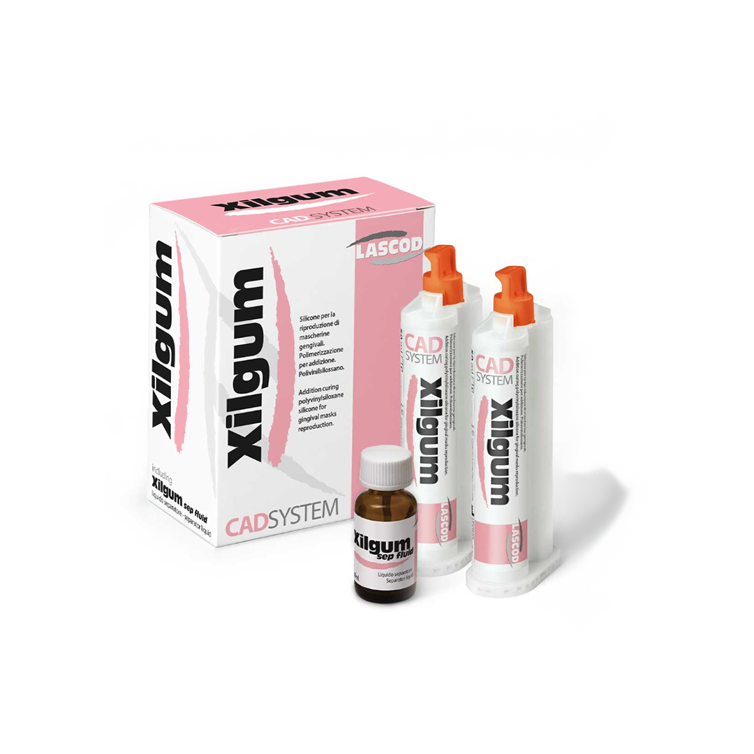 Product packaging for Xilgum Regular 72 Shore, featuring two cartridge syringes and a small bottle, with pink and white box in background.